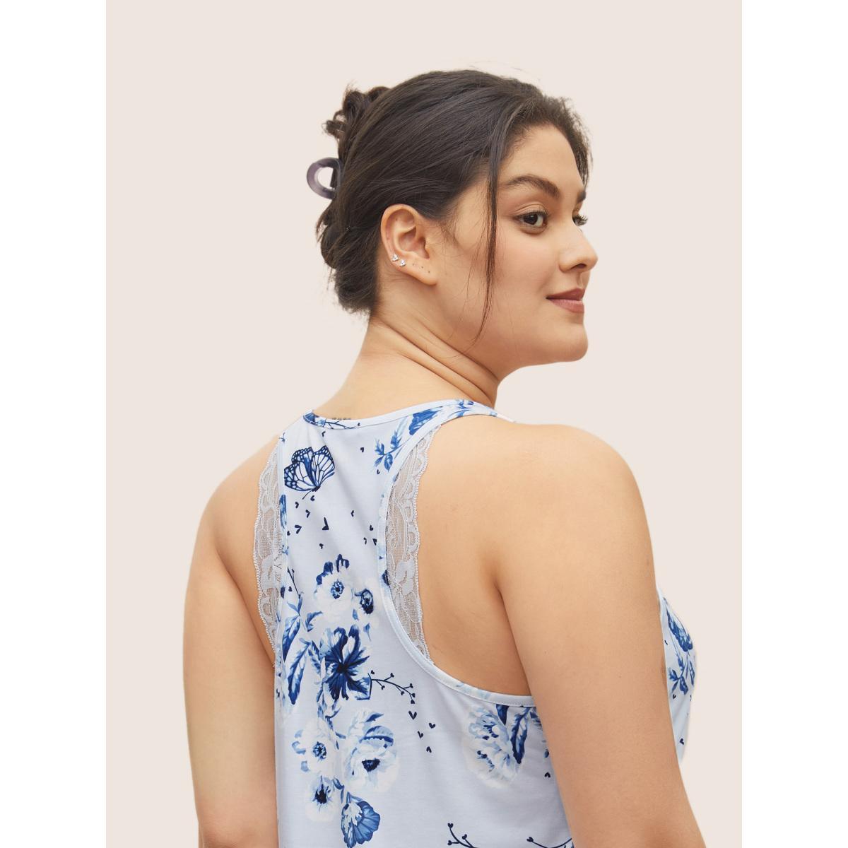 Plus Size Floral Print Lace Patchwork Pajama Sets Women Stone Floral Non Sleeveless Square Neck Lounge Loungewear Sets BloomChic 18-20/2X Product Image