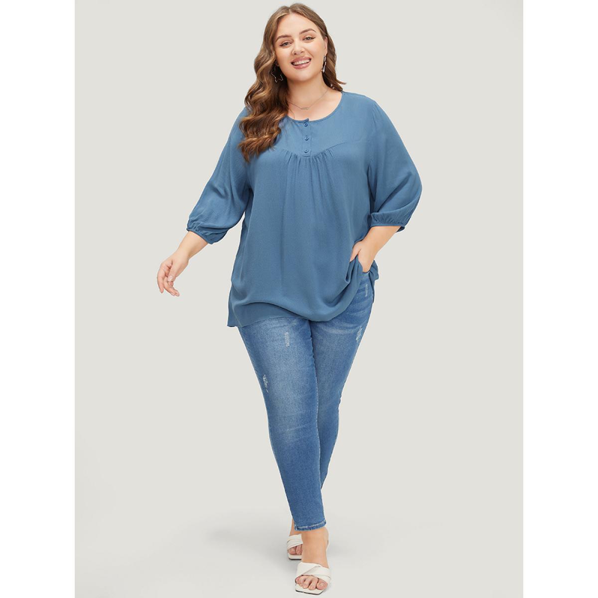 Plus Size Stone Plain Button Up Gathered Lantern Sleeve Blouse Women Elegant Elbow-length sleeve Round Neck Dailywear Blouses BloomChic 18-20/2X Product Image