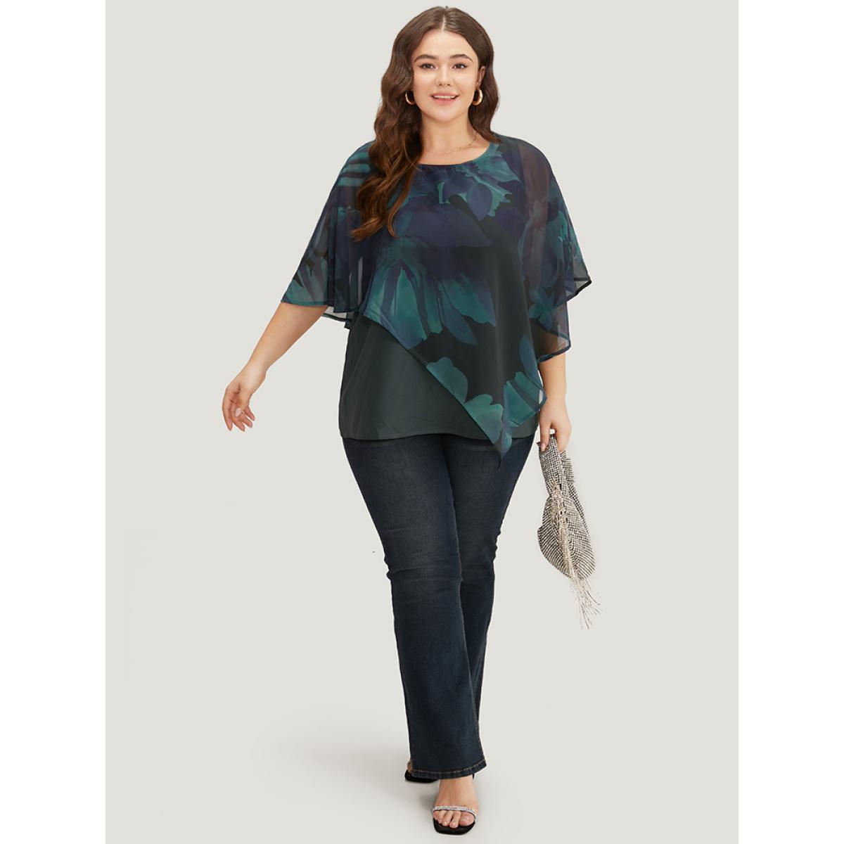 Plus Size Aegean Floral Mesh Asymmetrical Dolman Sleeve Blouse Women Glamour Short sleeve Round Neck Going out Blouses BloomChic 14-16/1X Product Image