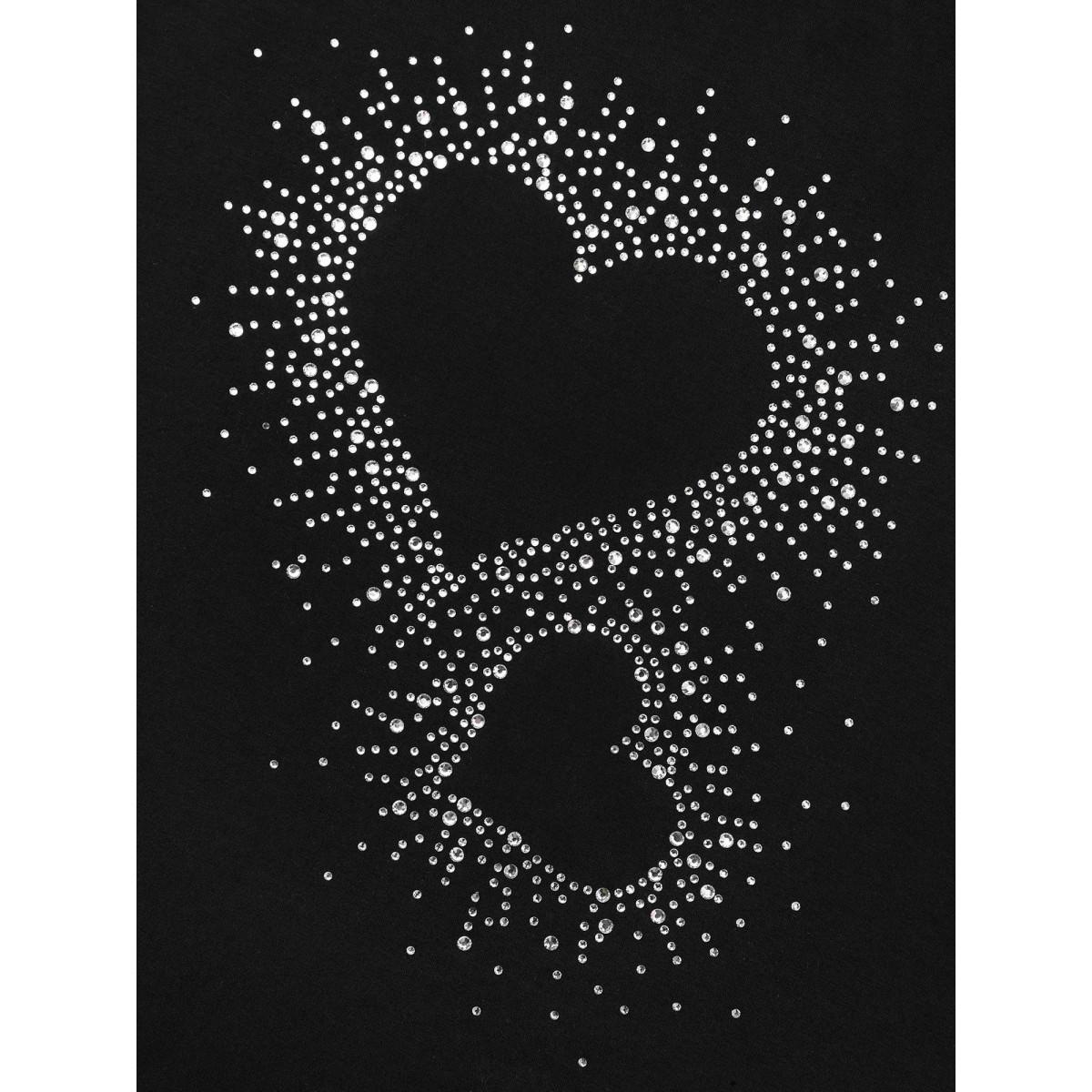 Plus Size Crew Neck Rhinestone Heart T-Shirt Black Women Casual Rhinestone detailing Round Neck Everyday T-shirts BloomChic 22-24/3X Product Image
