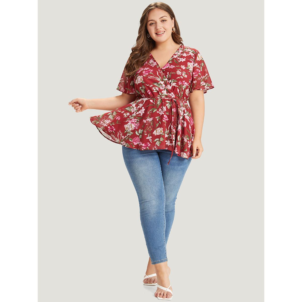 Plus Size Scarlet Floral Wrap Ruffle Sleeve Ties Blouse Women Elegant Short sleeve V-neck Dailywear Blouses BloomChic 14-16/1X Product Image