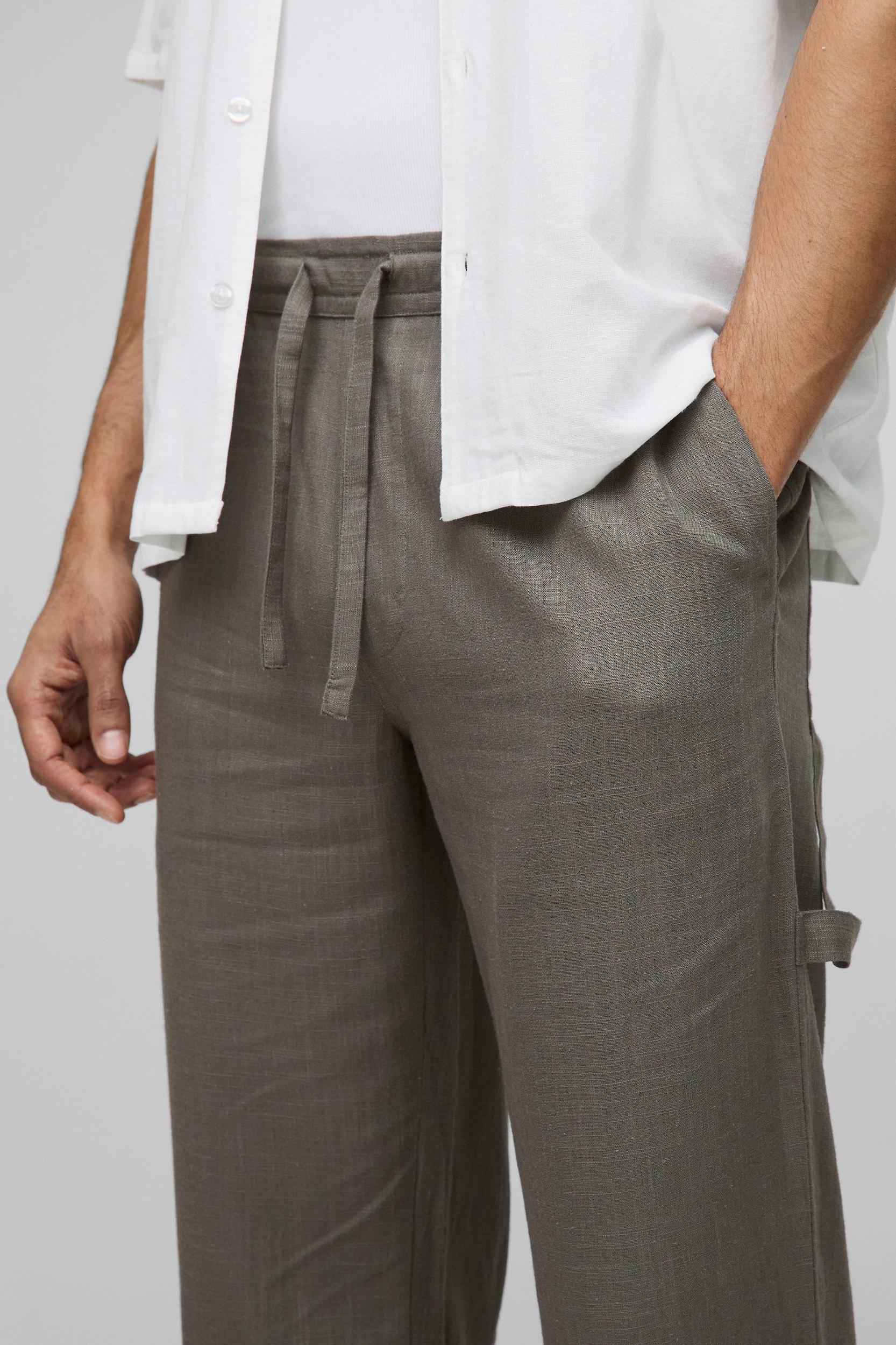 Half & Half Waistband Relaxed Fit Carpenter Linen Blend Pants | boohooMAN USA Product Image