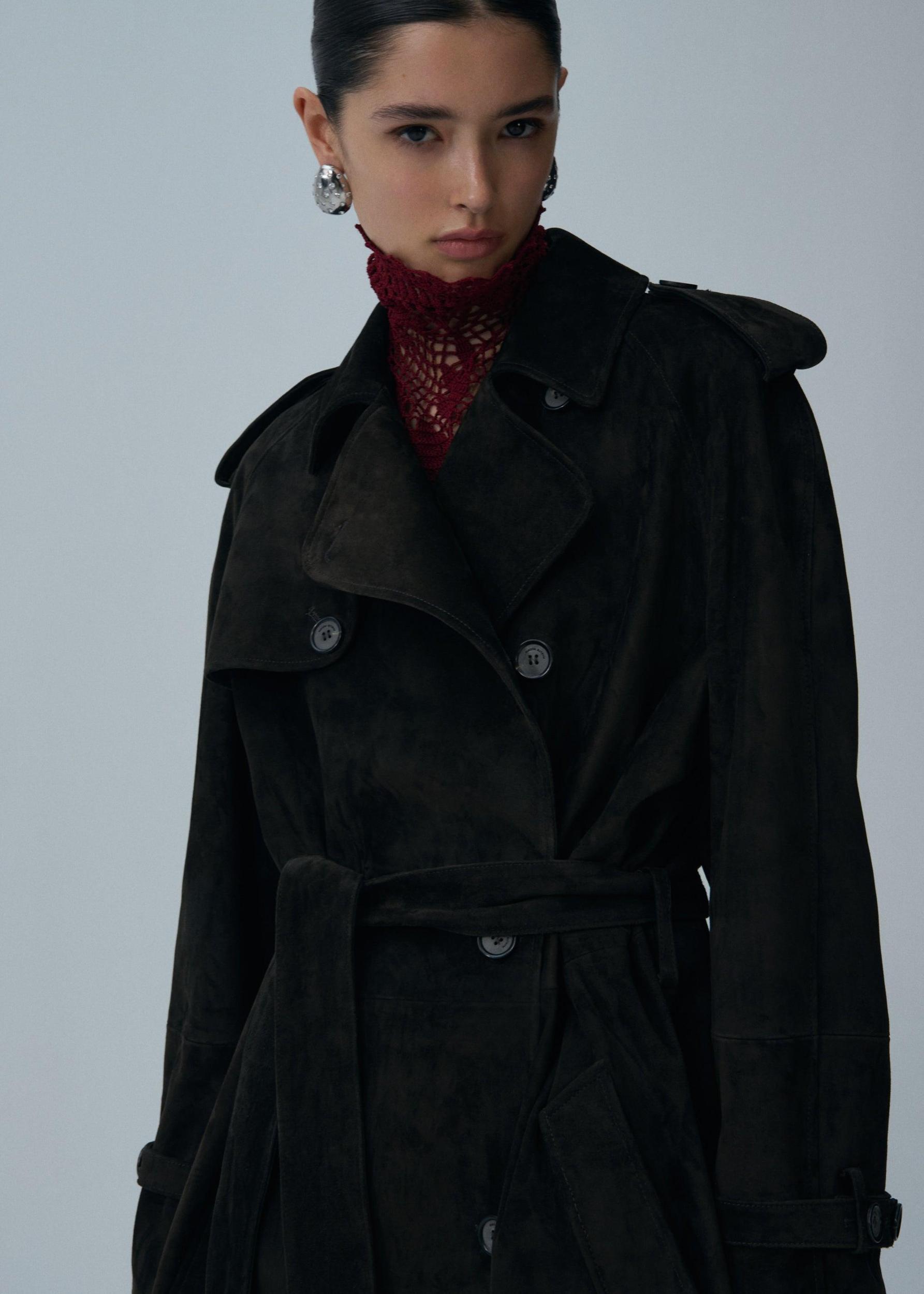 Mid-length suede trench coat in brown Product Image