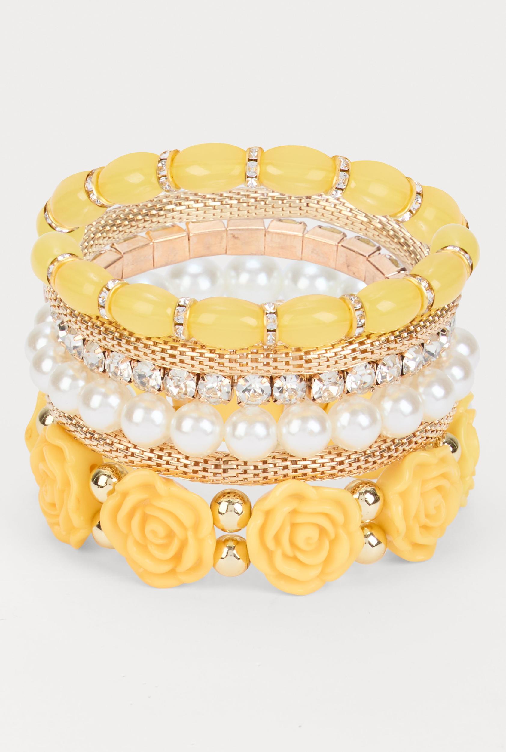 Womens Plus Size Floral Beaded Faux Pearl Stretch Bracelets Set of 6 Product Image