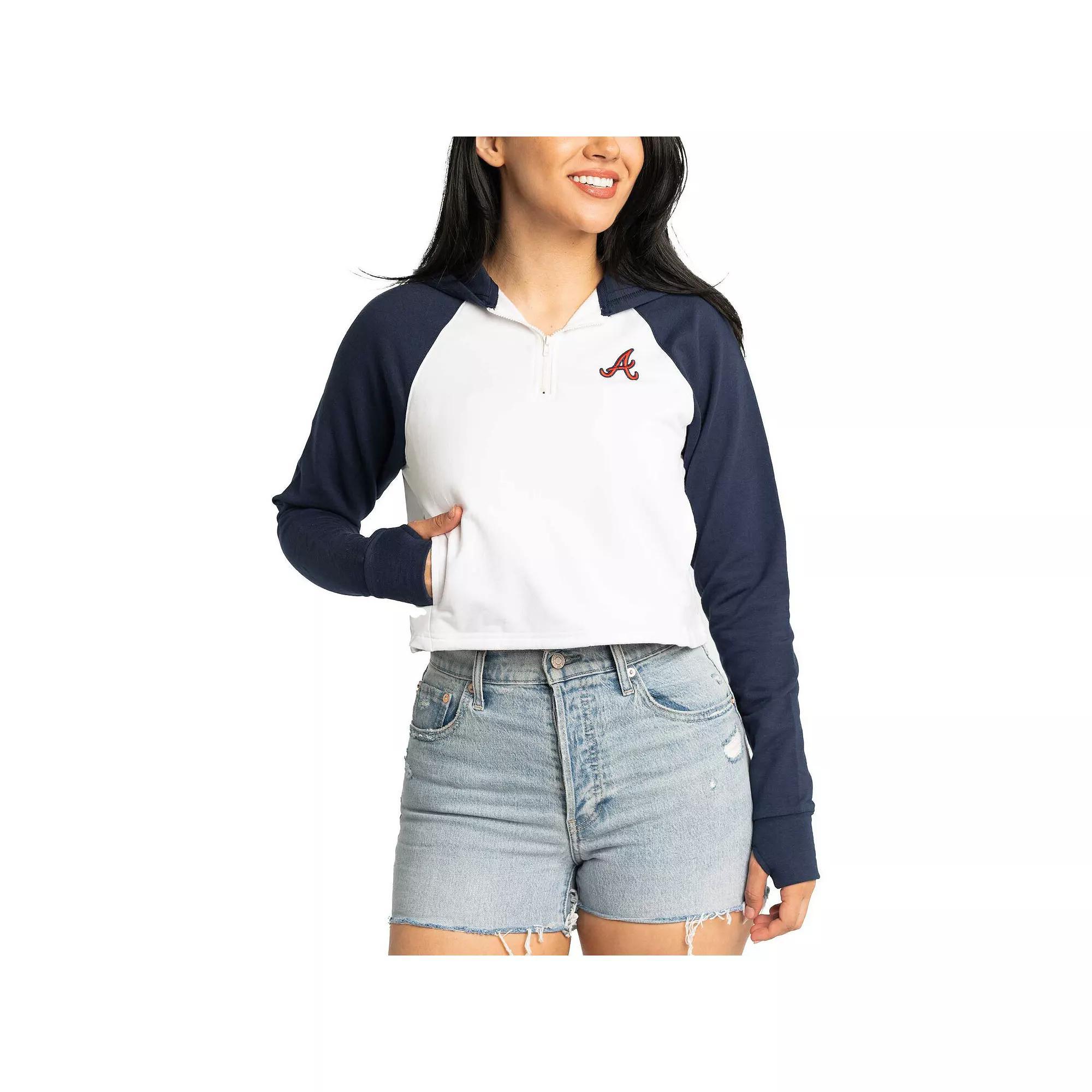 Women's Lusso White Atlanta Braves Jane Raglan Quarter-Zip Tri-Blend Cropped Pullover Hoodie, Size: 2XL Product Image