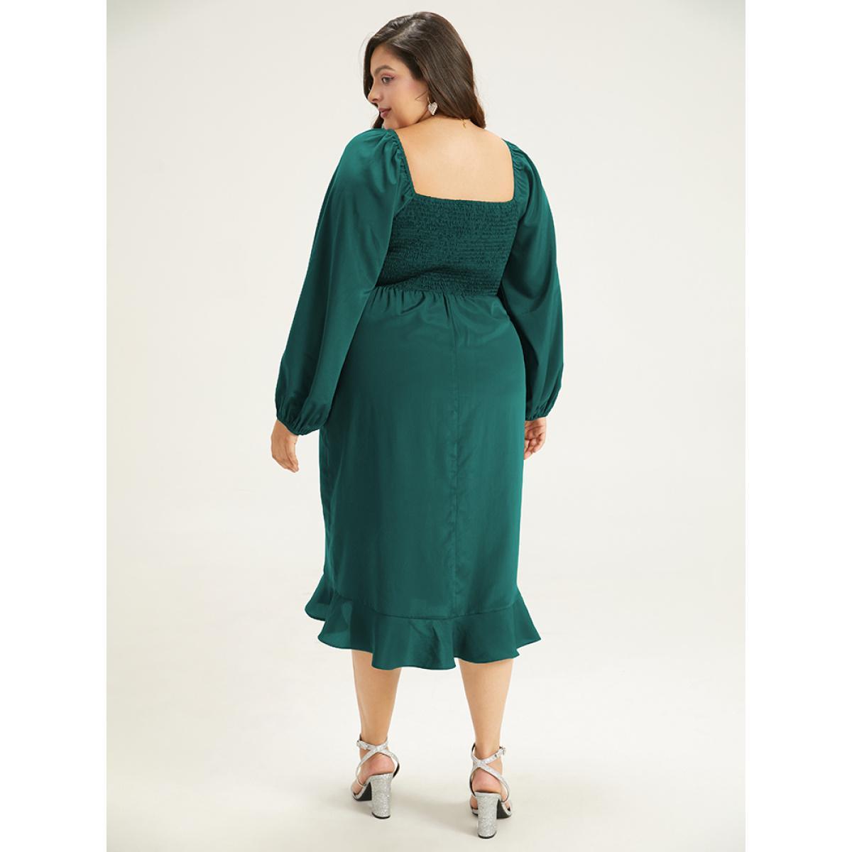 Plus Size Anti-Wrinkle Square Neck Ruffle Trim Wrap Hem Dress Teal Women Glamour Elastic cuffs Square Neck Long Sleeve Curvy Midi Dress BloomChic 14-16/1X Product Image