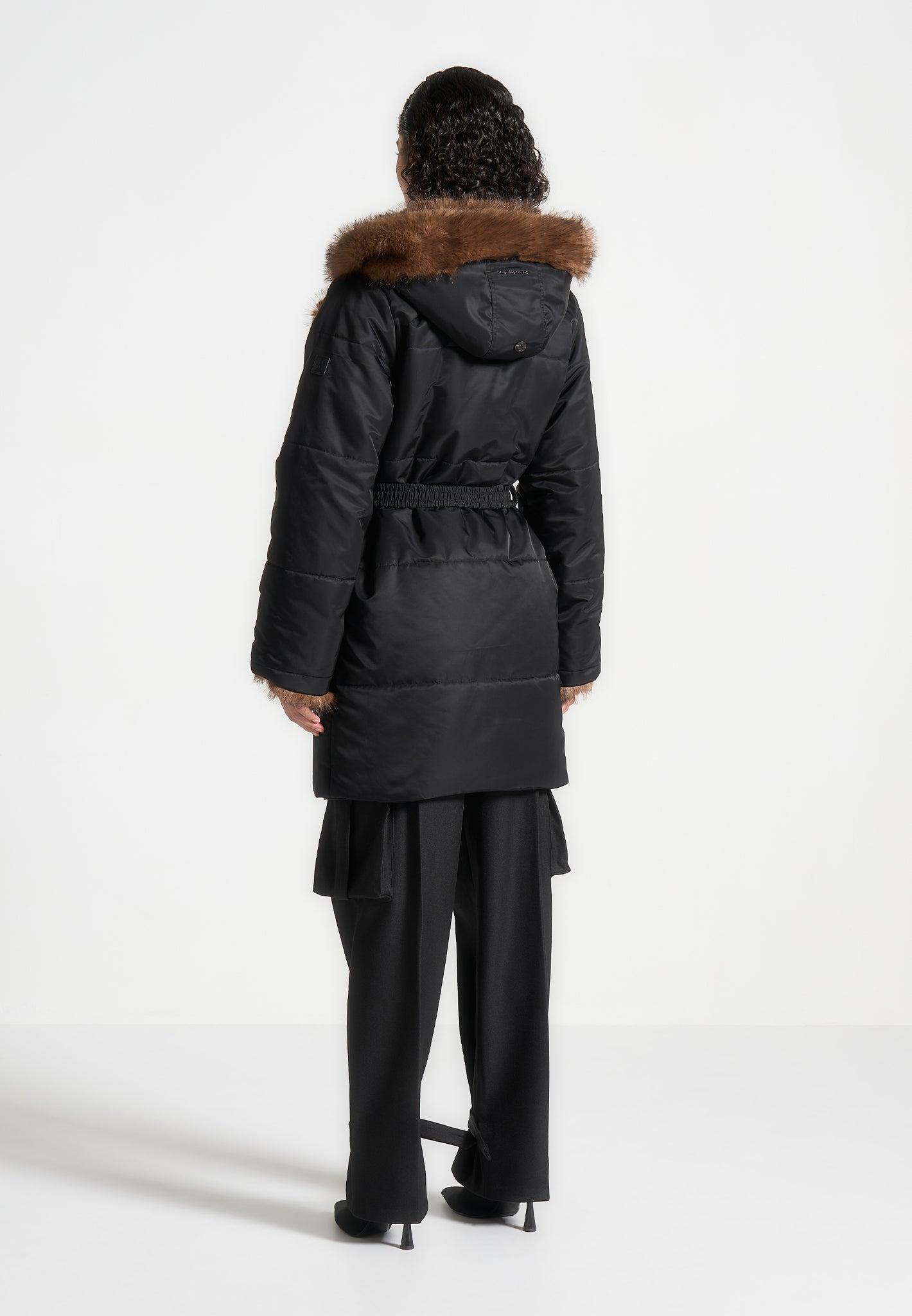 Fur Longline Belted Coat - Black Female Product Image