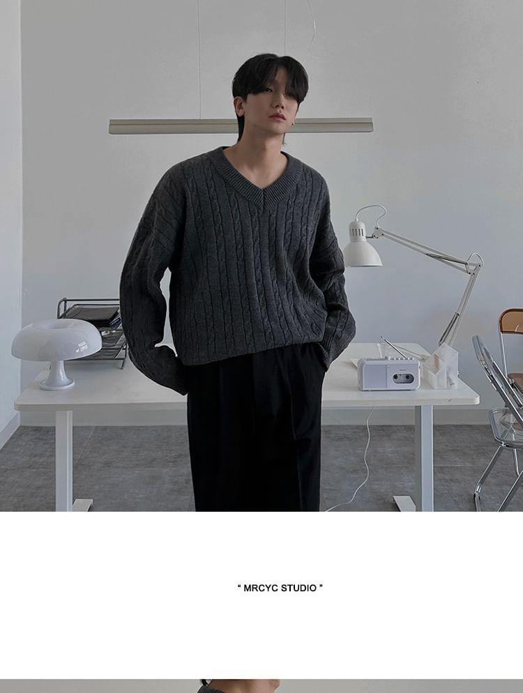 V-Neck Plain Cable-Knit Sweater Product Image