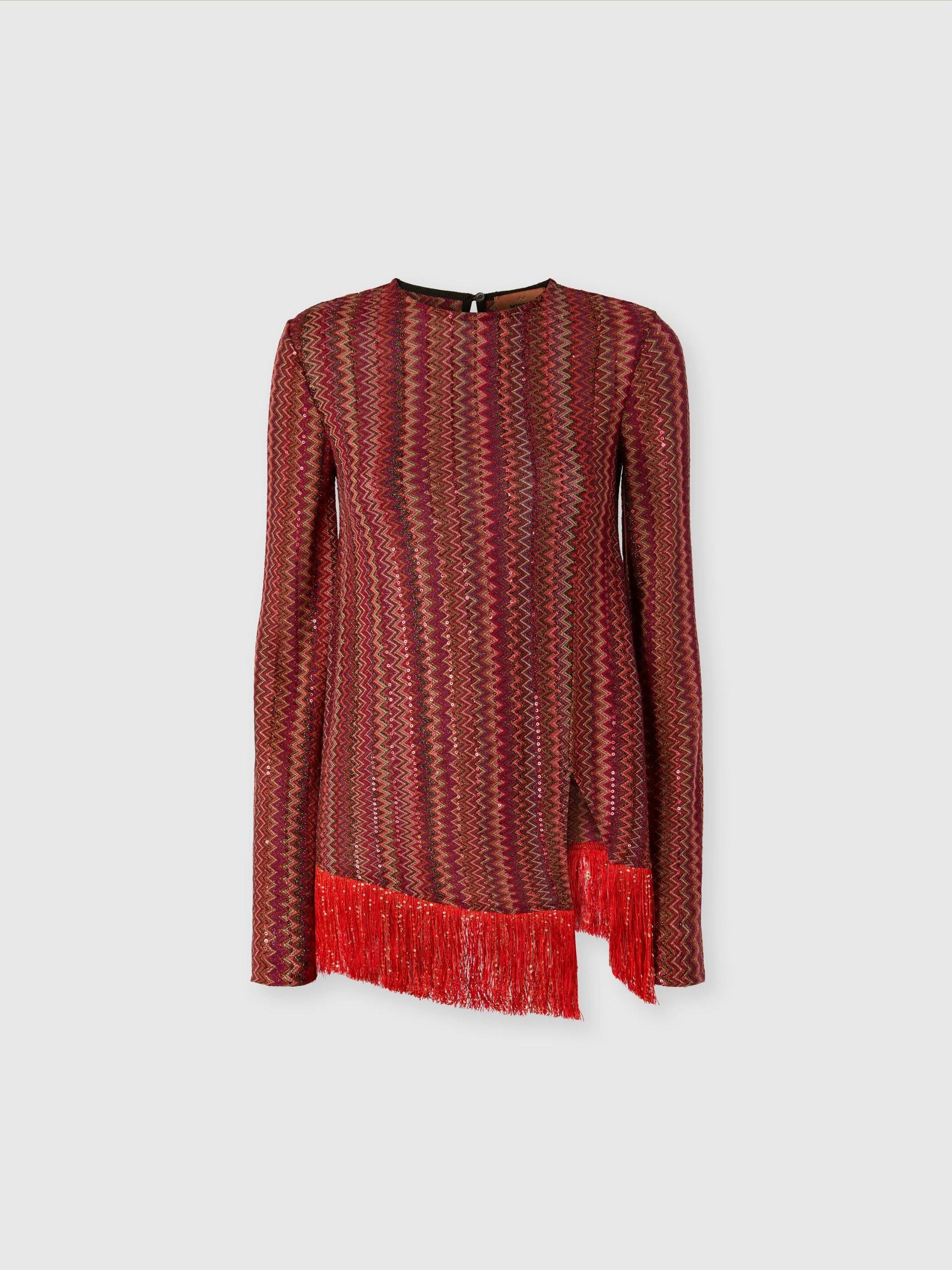 Zig zag sweater with sequins and asymmetrical hem with fringes Product Image