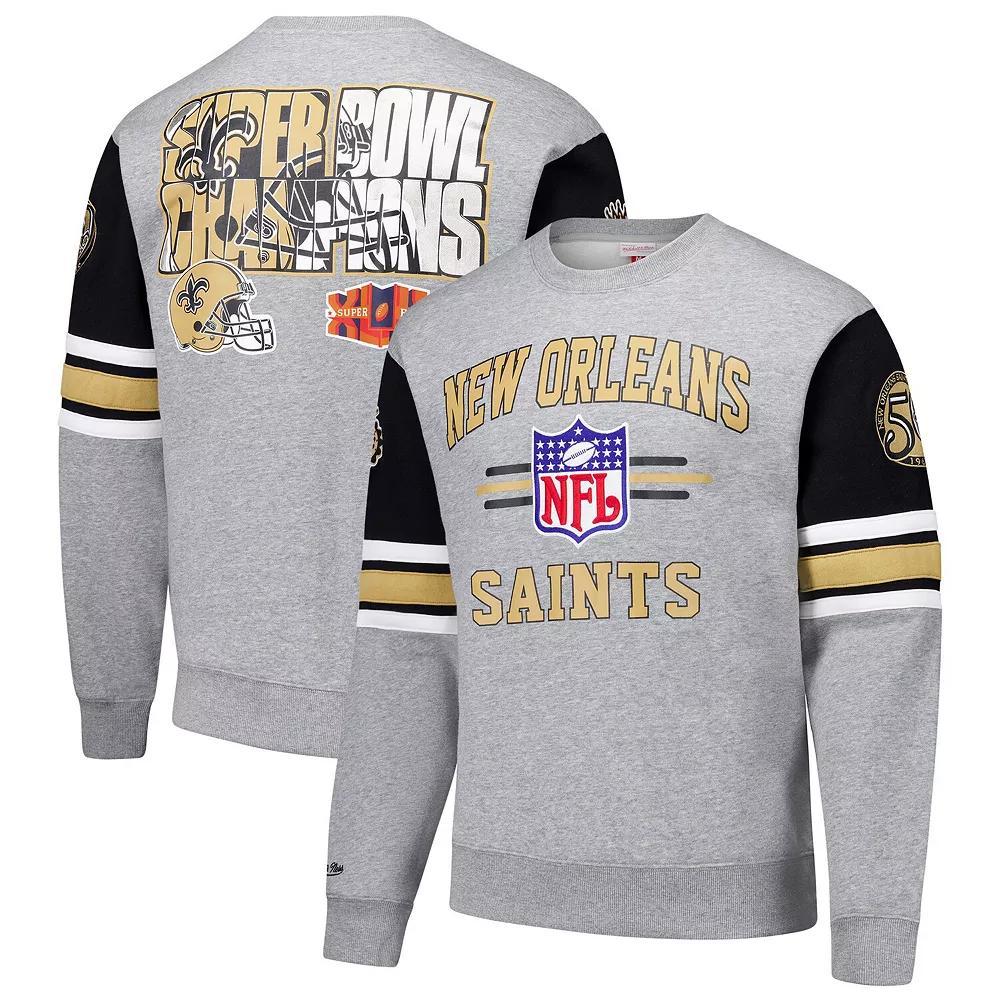 Men's Mitchell & Ness Heather Gray New Orleans Saints All Over 4.0 Vintage Logo Pullover Sweatshirt, Size: Large, Grey Product Image