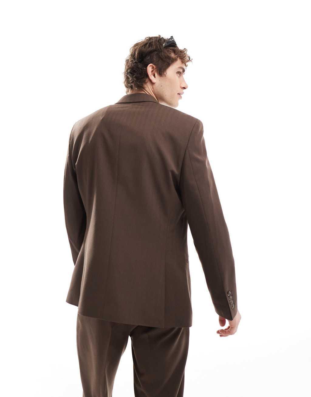 ASOS DESIGN double breasted herringbone suit jacket in brown Product Image