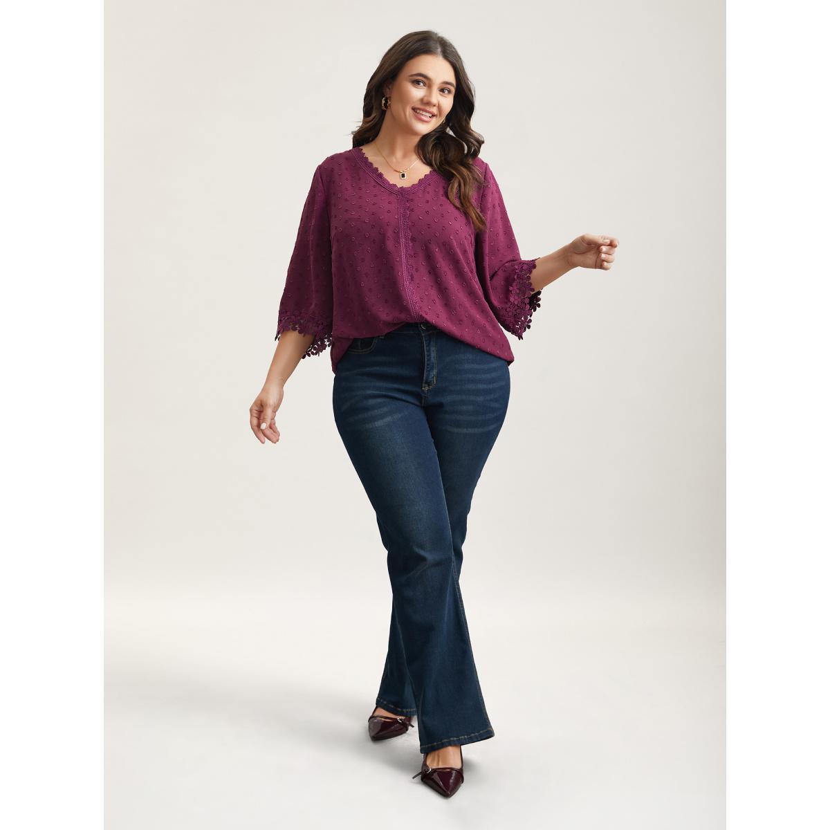 Plus Size Deeppurplered Textured Color-Block Lace Detail Shirt Women Elegant Elbow-length sleeve V-neck Everyday Blouses BloomChic 12/L Product Image