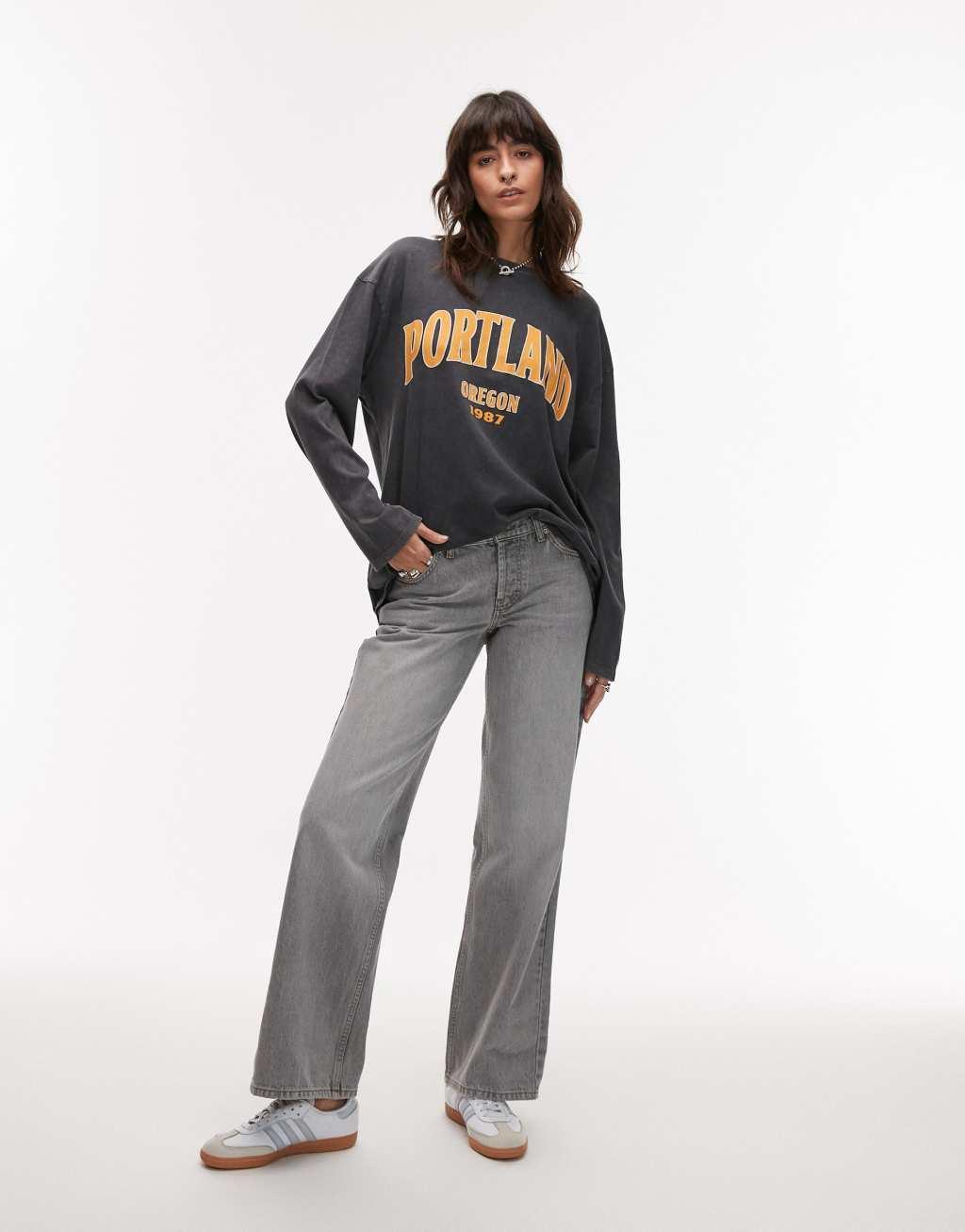Topshop graphic Portland long sleeve skater tee in gray Product Image