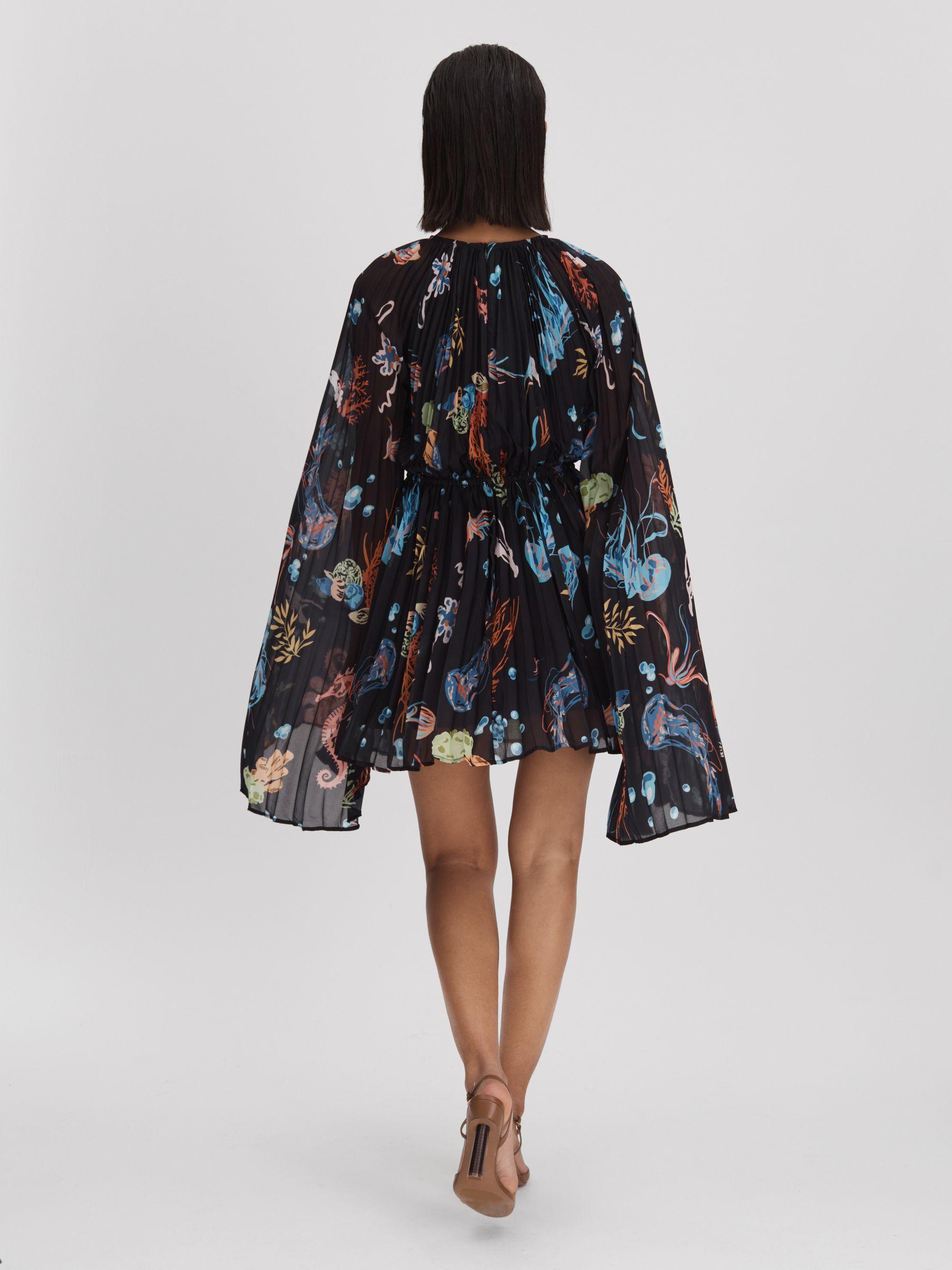 Leo Lin Pleated Bell Sleeve Mini Dress in Twilight Print Black Product Image