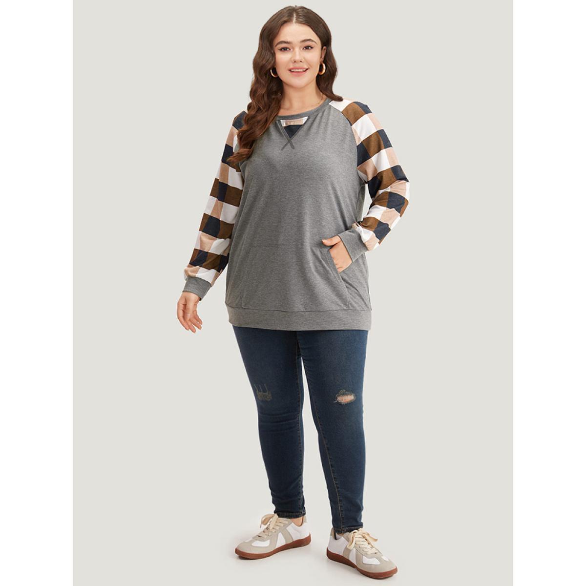 Plus Size Colorblock Contrast Pocket Stitch Sweatshirt Women Gray Casual Elastic cuffs Round Neck Dailywear Sweatshirts BloomChic 10/M Product Image