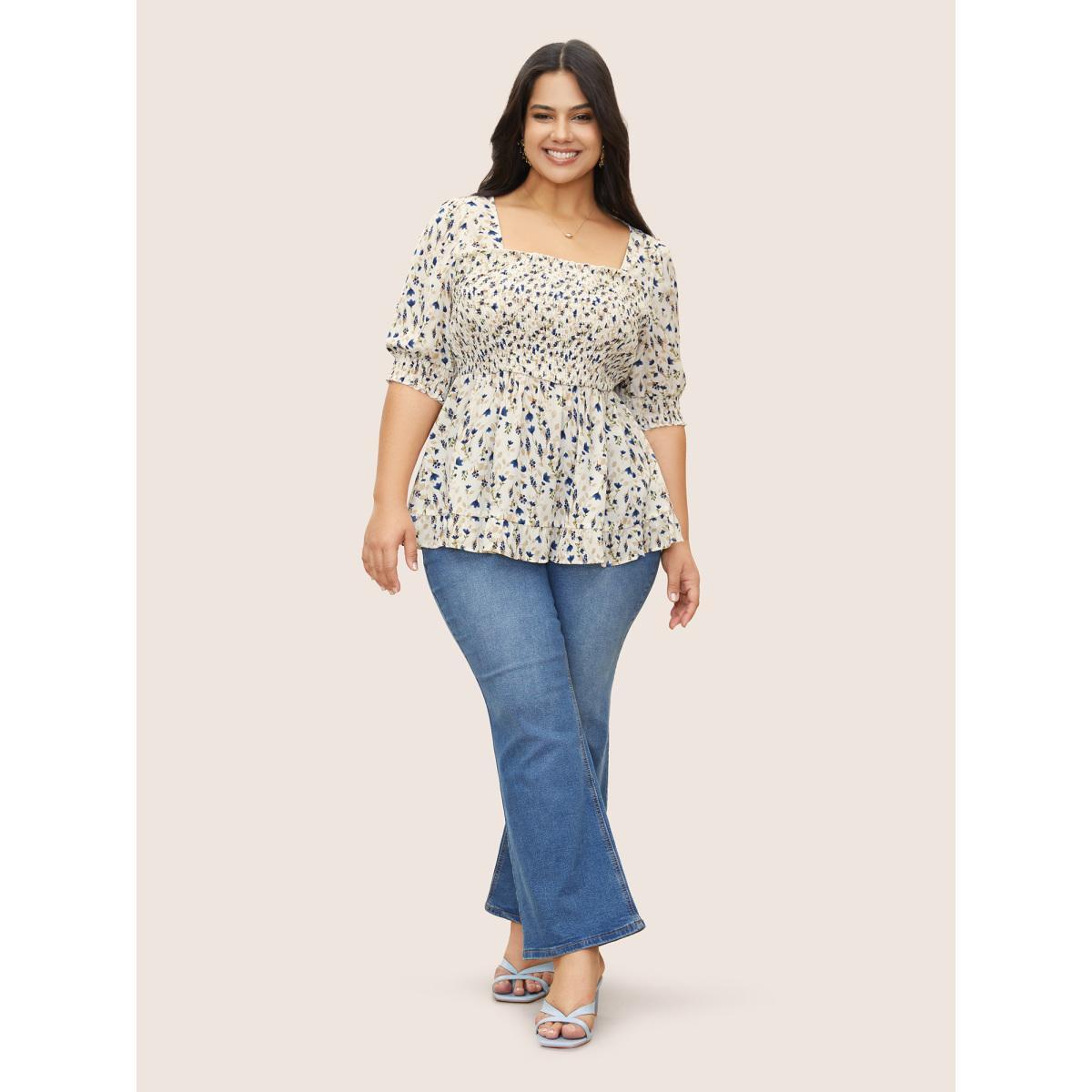 Plus Size Ivory Ditsy Floral Ruffles Shirred Puff Sleeve Blouse Women Elegant Half Sleeve Square Neck Everyday Blouses BloomChic 22-24/3X Product Image