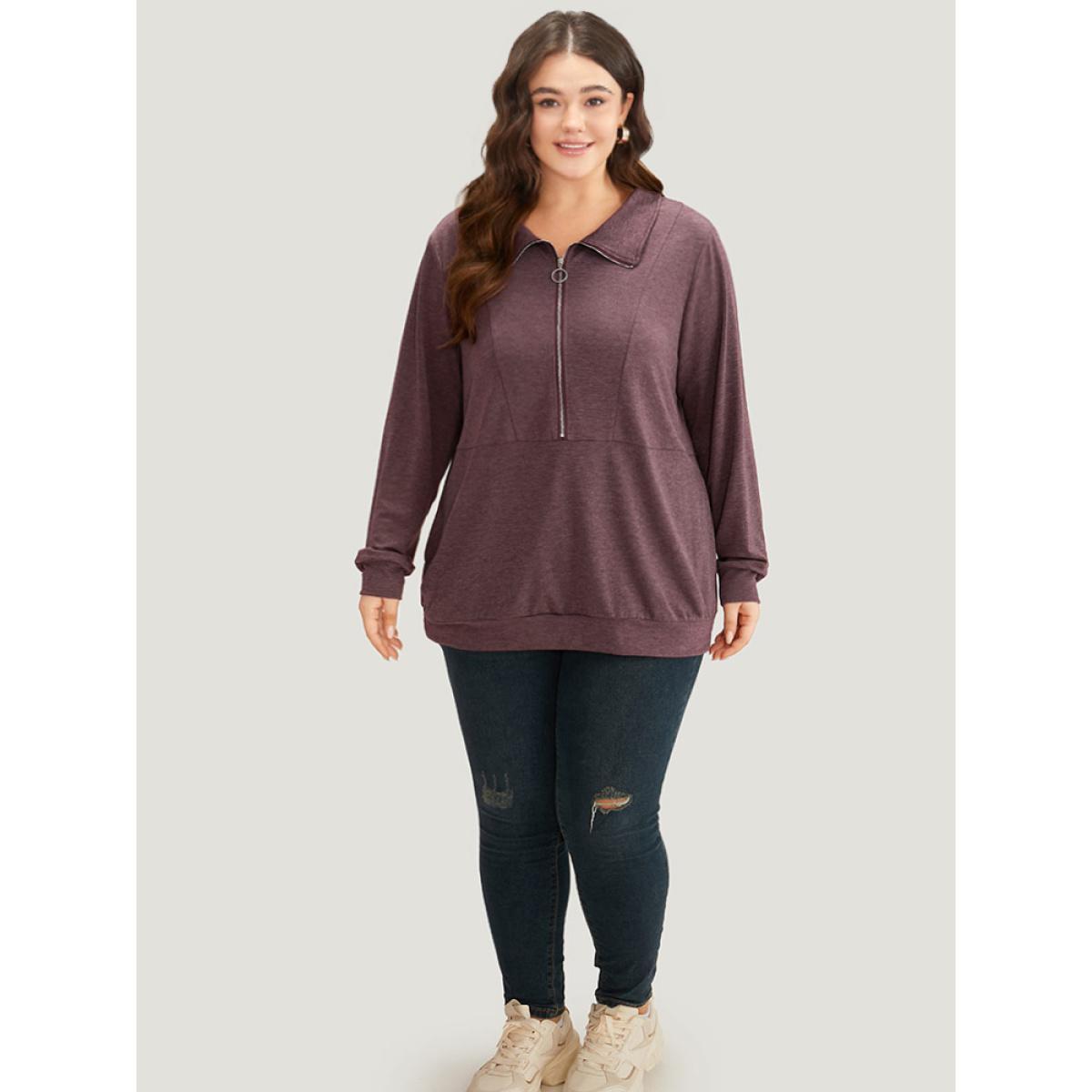 Plus Size Plain O Ring Half Zip Sweatshirt Women Eggplant Casual Plain Lapel Collar Dailywear Sweatshirts BloomChic 10/M Product Image