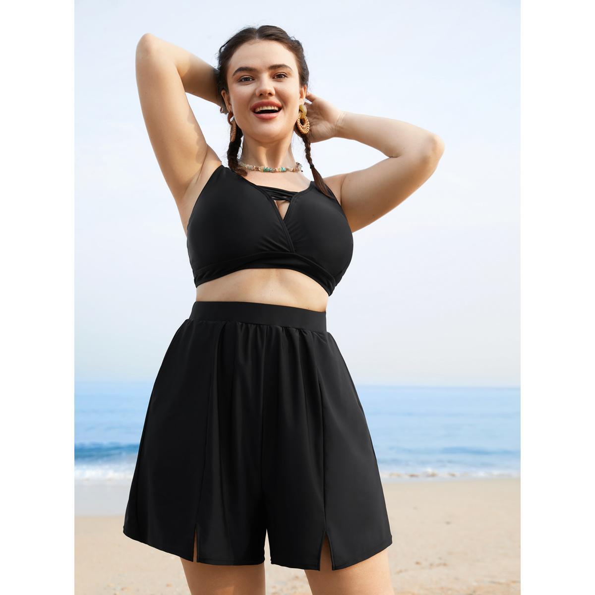 Plus Size Solid Slit Front Pocket Gathered Swim Bottom Women's Swimwear Black Beach Gathered High stretch Bodycon High Rise Side seam pocket Curve Swim Bottoms BloomChic 12/L Product Image