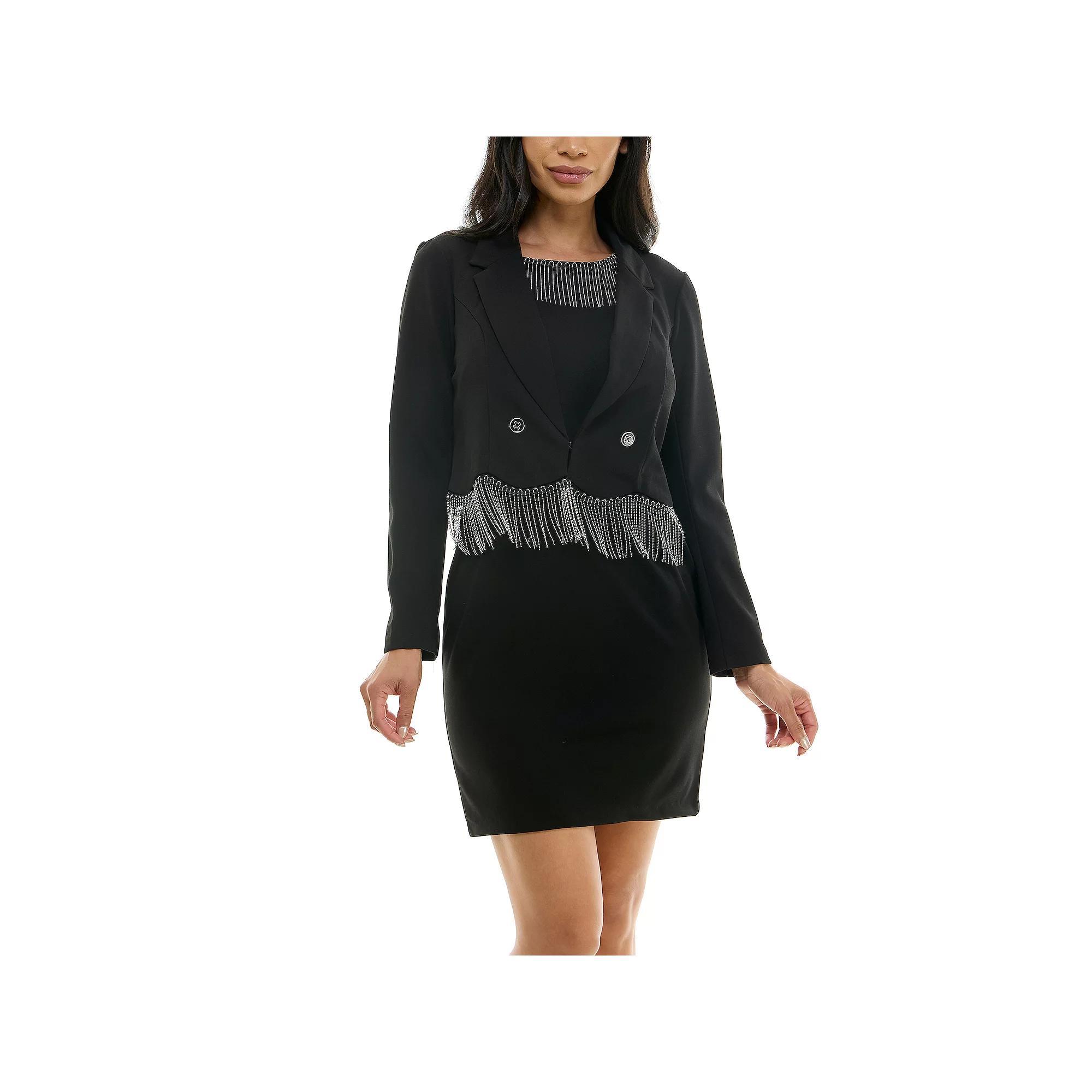 Women's Nina Leonard 2-Piece Fringed Dress and Blazer Set, Size: Large, Grey Product Image