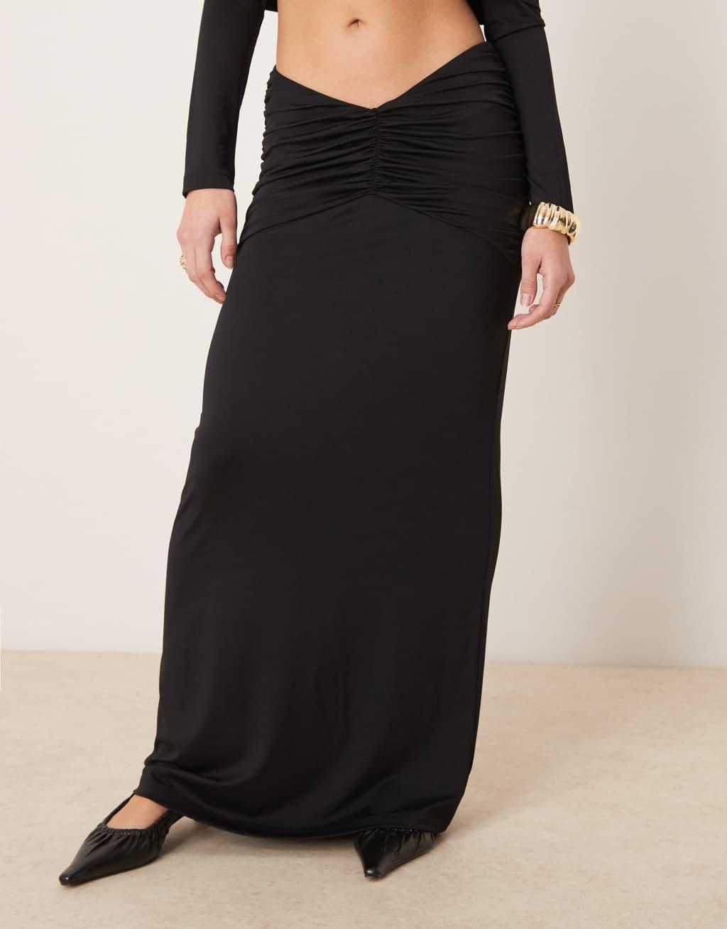 ASOS DESIGN ruched maxi skirt mesh with gathered v waist in black - part of a set Product Image