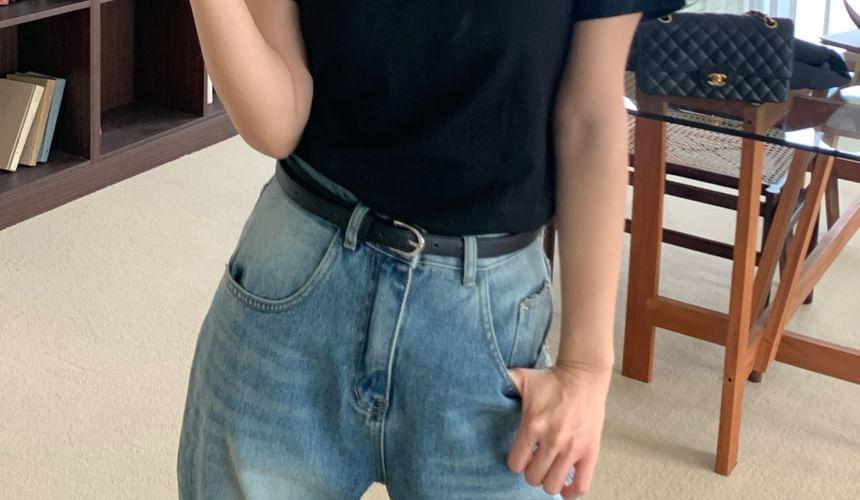 Short Sleeve Bow Embroidered Plain Slim-Fit T-Shirt Product Image