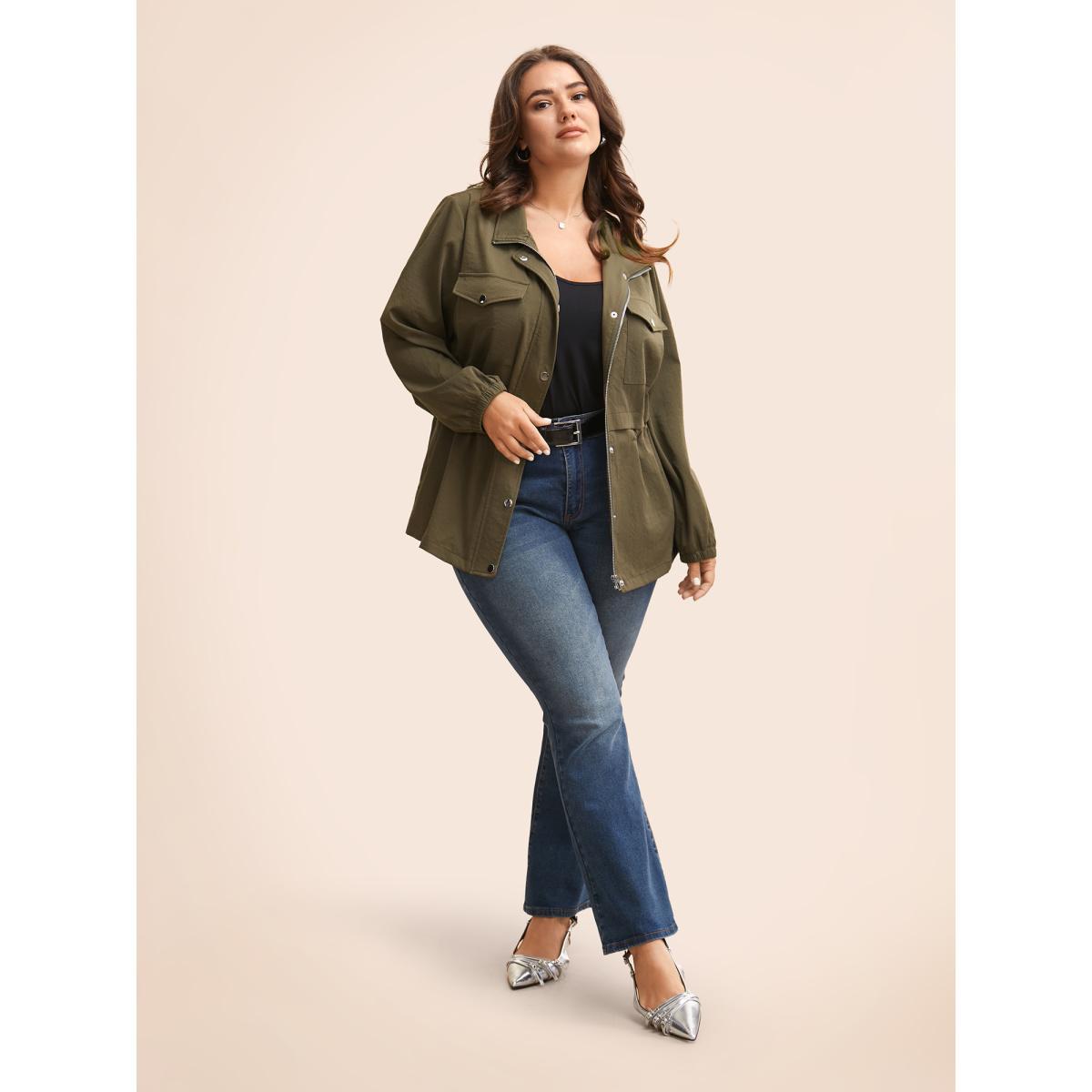 Plus Size Solid Flap Pocket Drawstring Jacket Women ArmyGreen Drawstring Side seam pocket Everyday Jackets BloomChic 14-16/1X Product Image