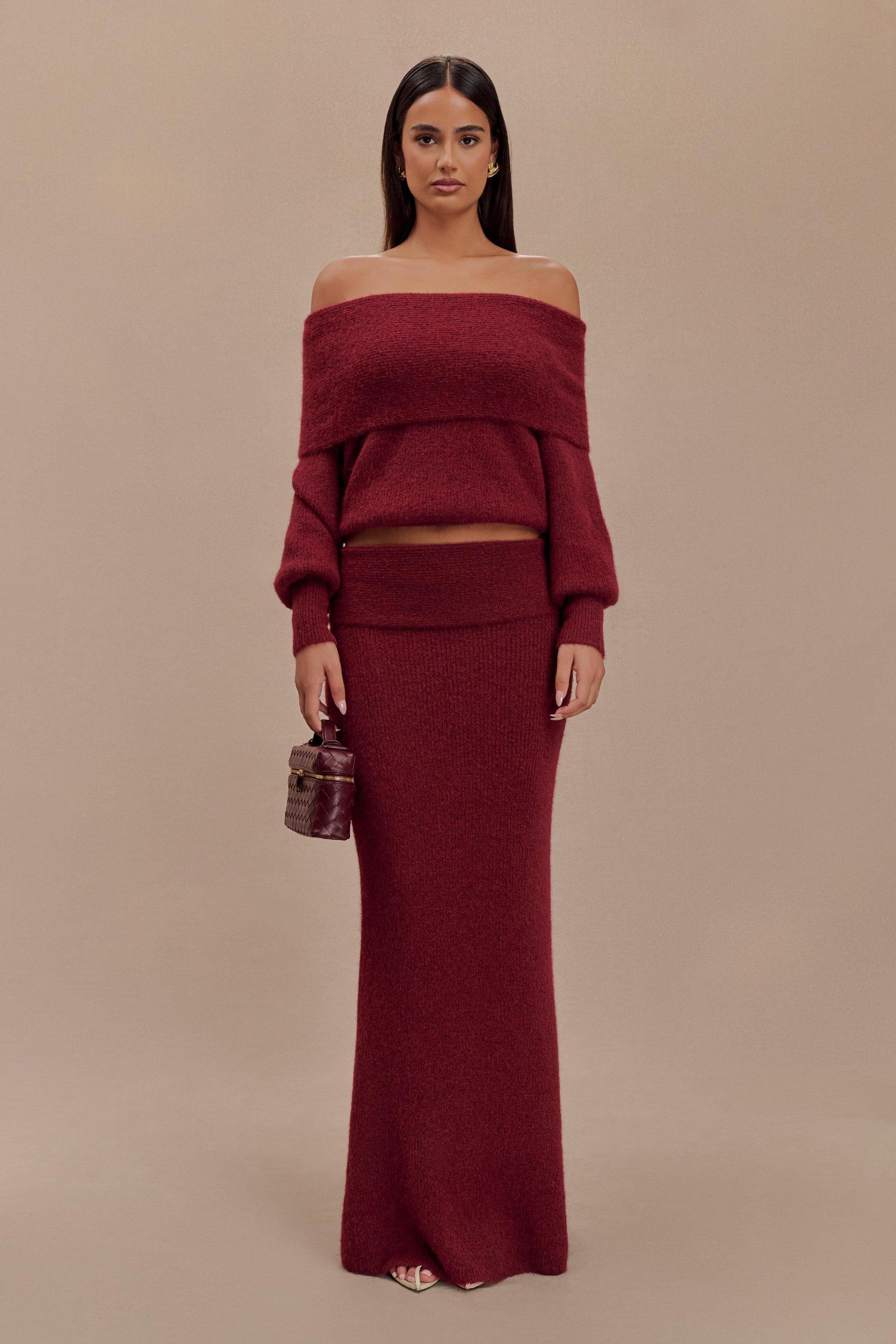 Charlotte Off Shoulder Knit Long Sleeve Top - Merlot Product Image