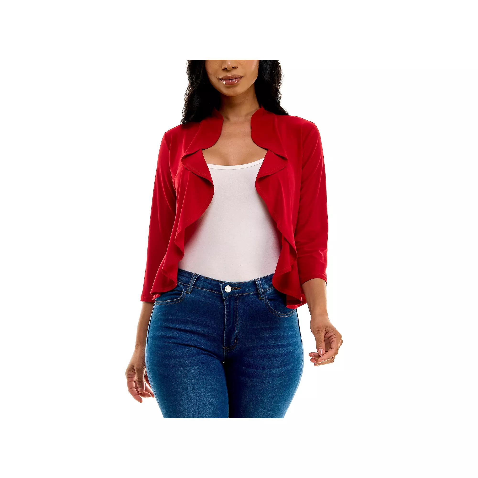 Women's Nina Leonard Ruffle Front Cropped Cardigan, Size: Small, Nina Red Product Image