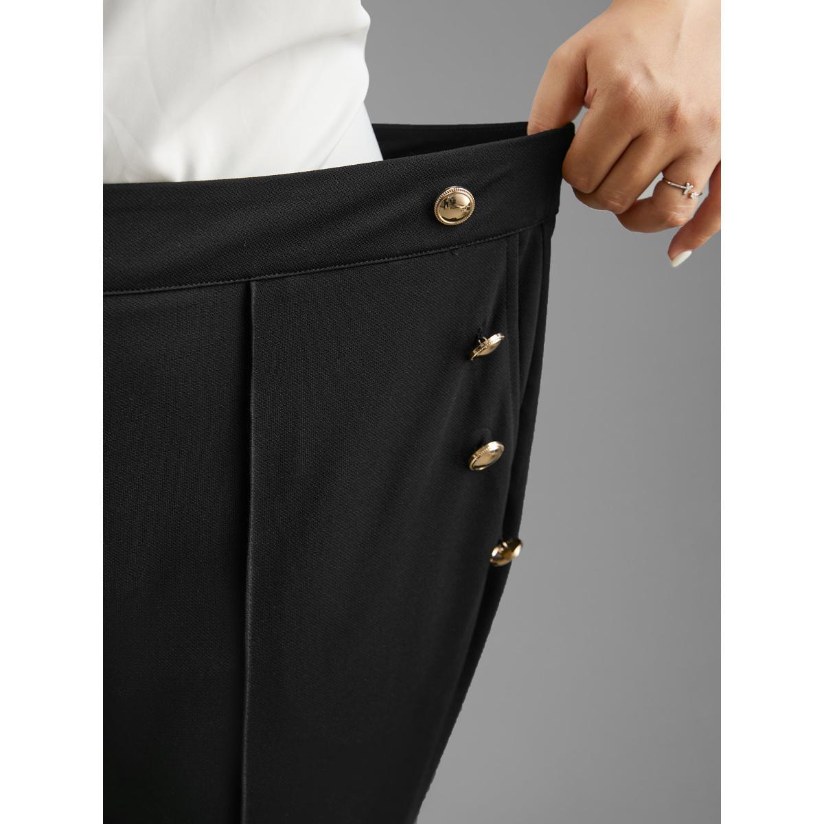 Plus Size Stretchy Woven Button Detail Bootcut Pants Women Black At the Office Bootcut Mid Rise Work Pants BloomChic 18-20/2X Product Image