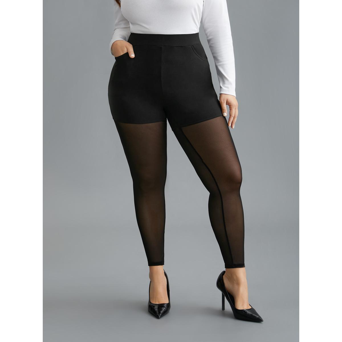 Plus Size Mesh Patchwork Mid Rise Slim-Fit Leggings Women Black Elegant High stretch Skinny Mid Rise Everyday Leggings BloomChic 10/M Product Image
