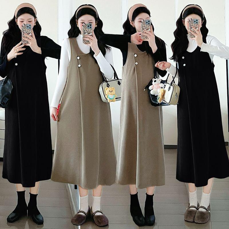 Maternity V-Neck Plain Buttoned Midi Dungaree Dress Product Image
