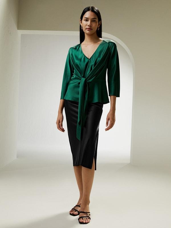 V Neck Silk Blouse with Waist Tie Product Image
