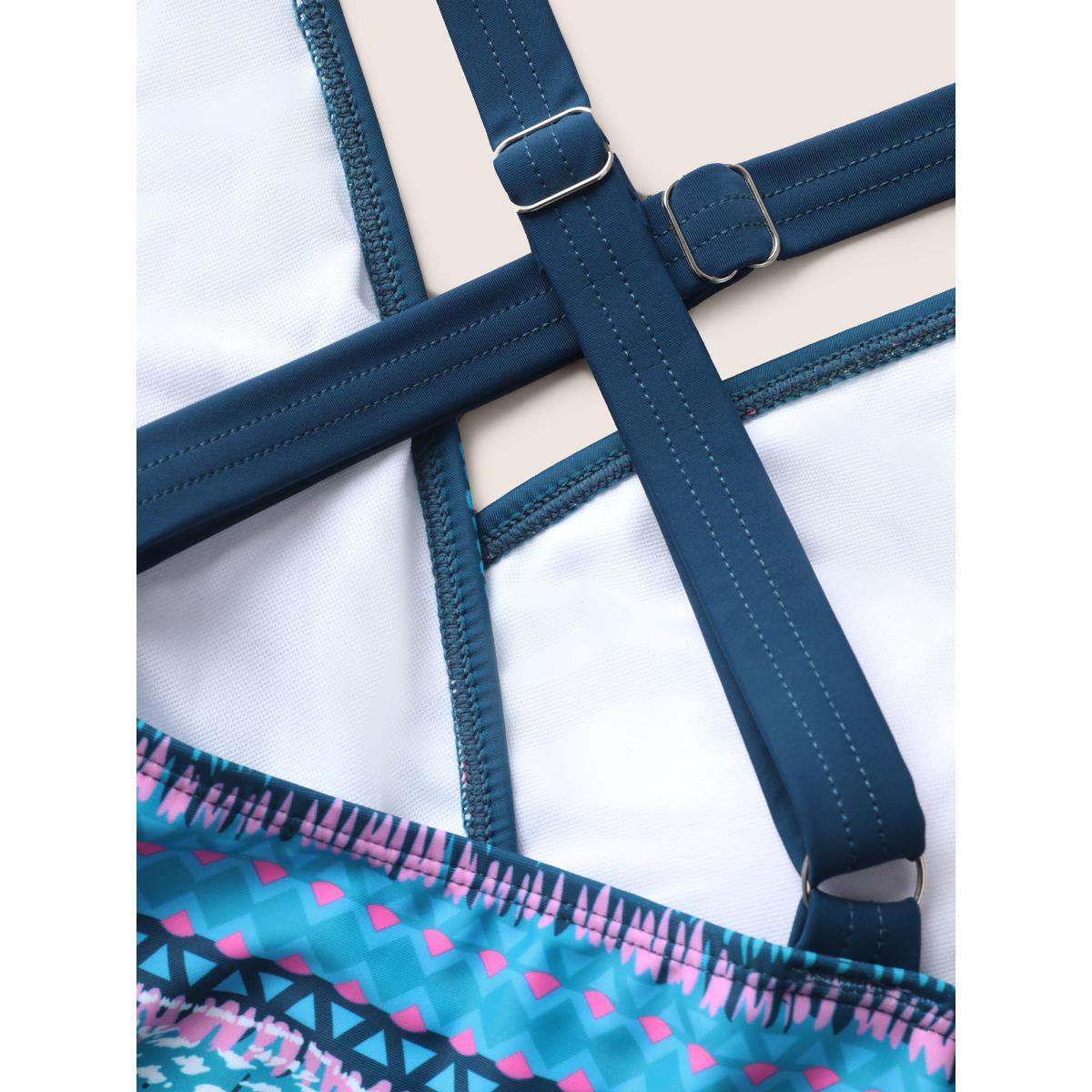 Plus Size Overlap Collar Bandana Patchwork Split Hem Swim Dress Women's Swimwear Indigo Beach Bodycon Overlap Collar High stretch Curve Swim Dresses BloomChic 10/M Product Image