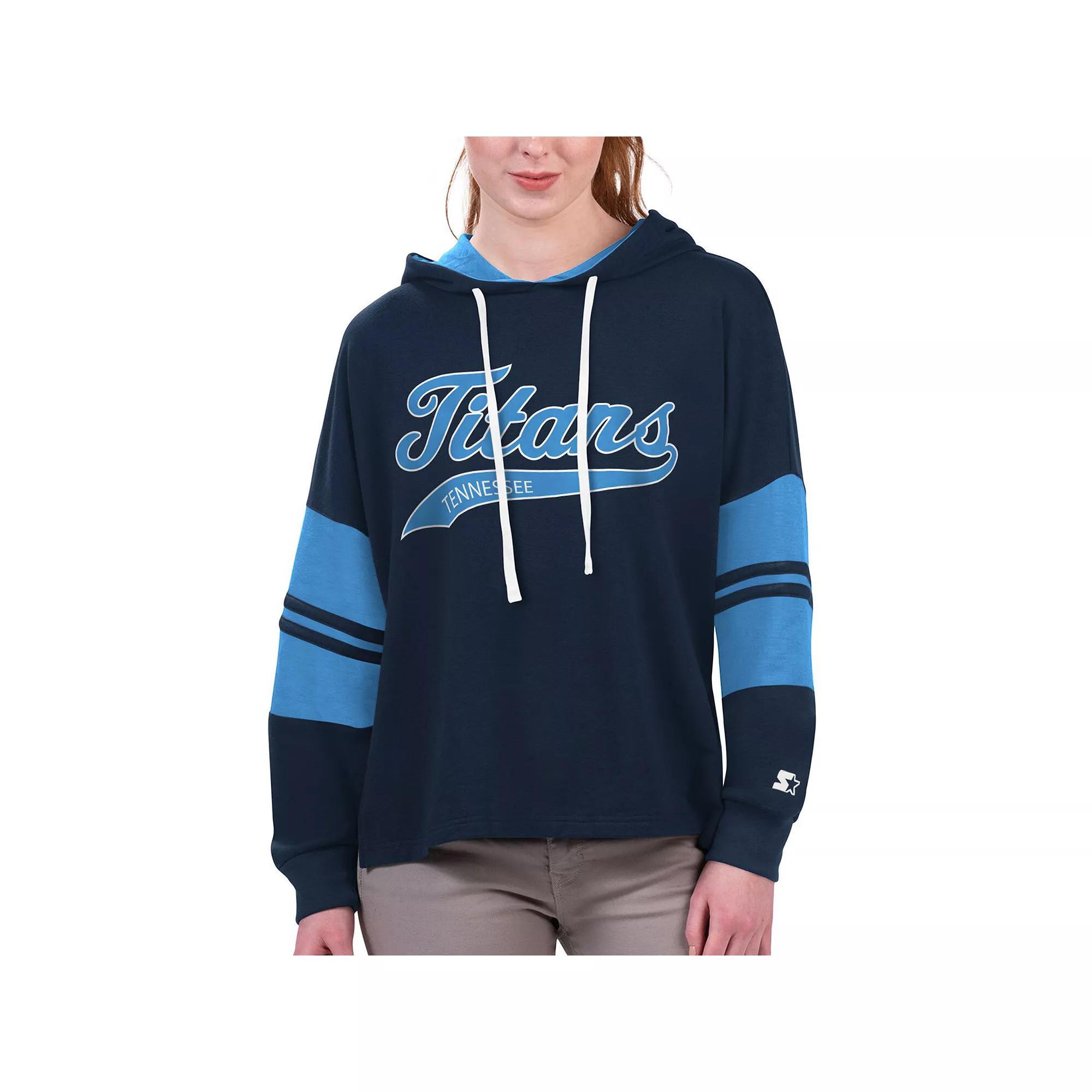 Women's Starter Navy Tennessee Titans Bump And Run Long Sleeve Hoodie T-Shirt, Size: Medium, Blue Product Image