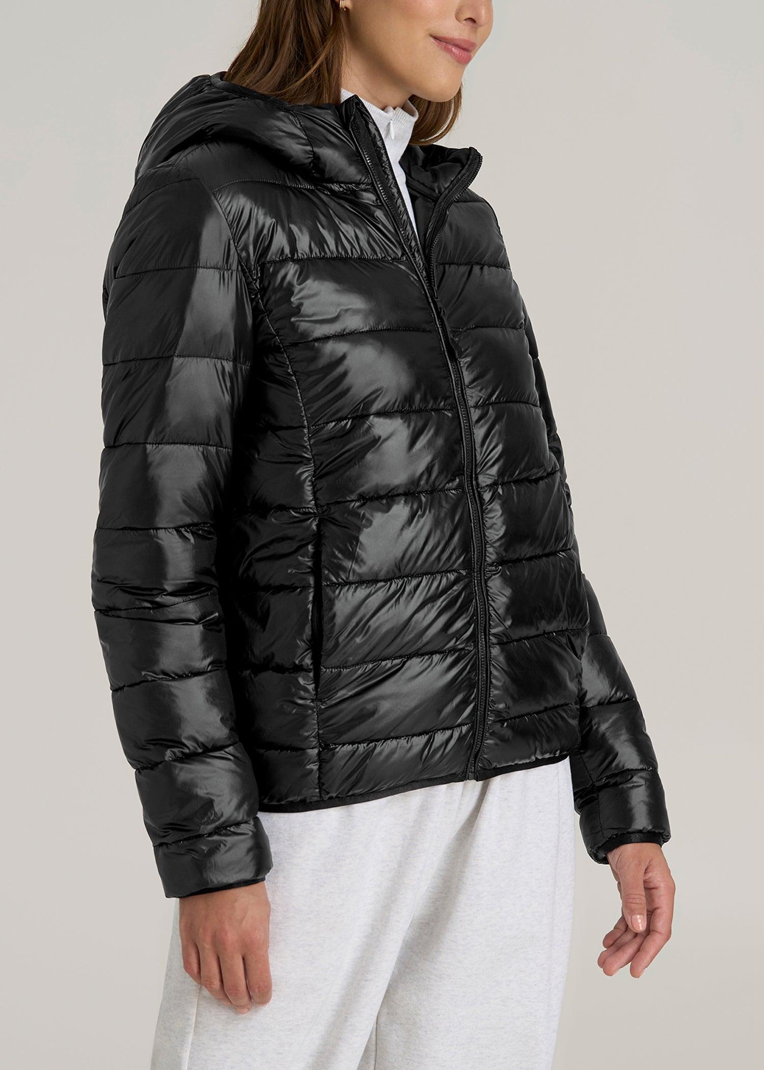 Packable Short Puffer Jacket for Tall Women in Glossy Black Product Image