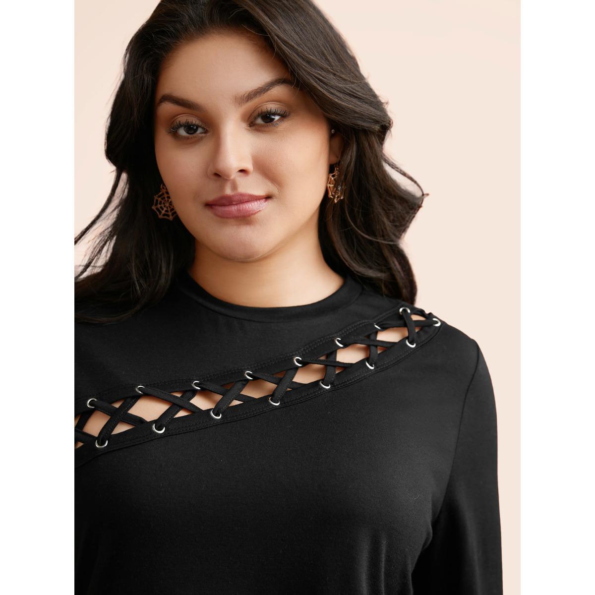 Plus Size Peek-A-Boo Cut-Out Neckline T-shirt Black Women Elegant Eyelet Round Neck Everyday T-shirts BloomChic 22-24/3X Product Image
