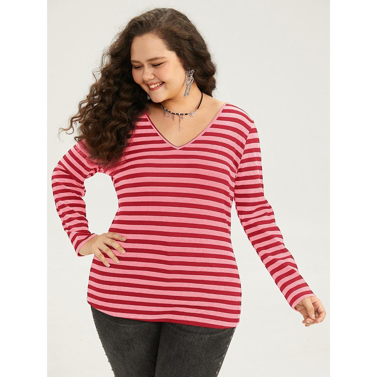 Plus Size Halloween V Neck Contrast Striped T-shirt Red Women Casual Contrast Striped V-neck Festival-Halloween T-shirts BloomChic 14-16/1X Product Image