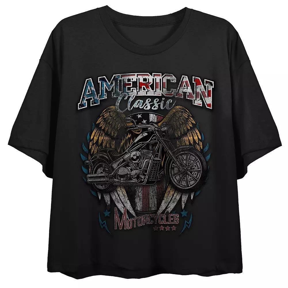Juniors American Classic Motorcycles Faded Crewneck Boxy Graphic Tee, Girl's, Size: XS, Black Product Image