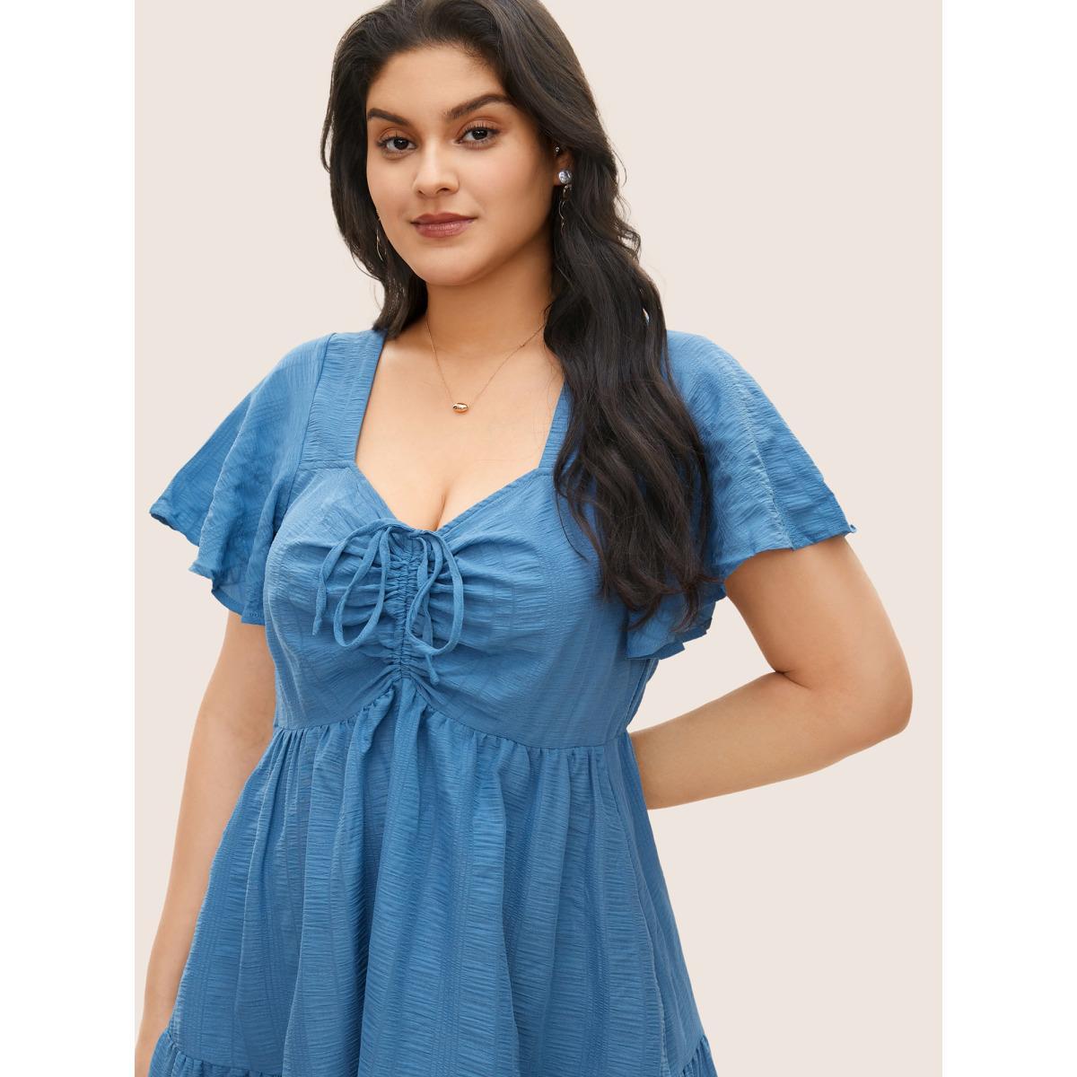 Plus Size Plain Ruched Drawstring Pocket Ruffle Tiered Dress Cerulean Women Elegant Non V-neck Short sleeve Curvy Midi Dress BloomChic 14-16/1X Product Image