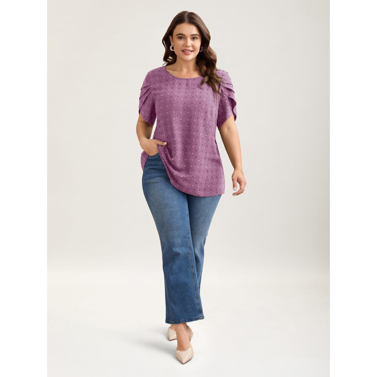 Plus Size Lilac Textured Color Contrast Petal Sleeve Blouse Women Elegant Short sleeve Round Neck Everyday Blouses BloomChic 26/4X Product Image