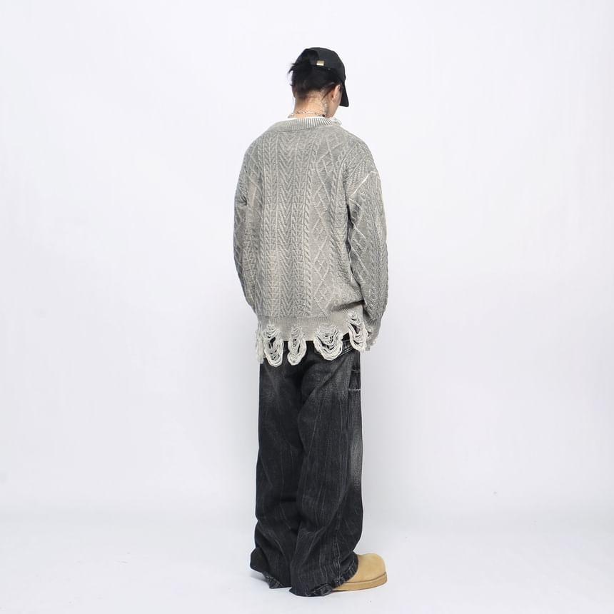 V-Neck Plain Distressed Cable-Knit Cardigan Product Image