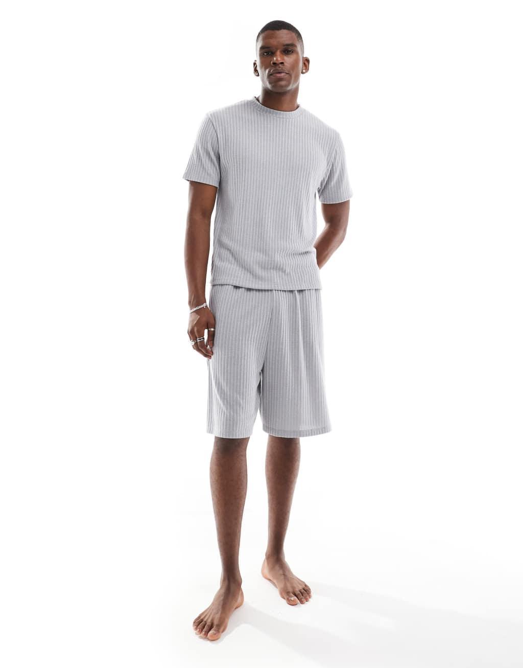 ASOS DESIGN loungewear brushed rib knit set with boxy t-shirt and shorts in gray Product Image