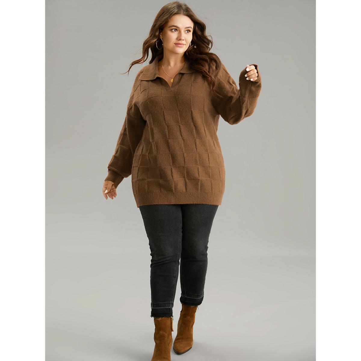 Plus Size Anti-Pilling Plisse Lapel Collar Pullover DarkBrown Women Casual Loose Long Sleeve Lapel Collar Dailywear Pullovers BloomChic 28/5X Product Image