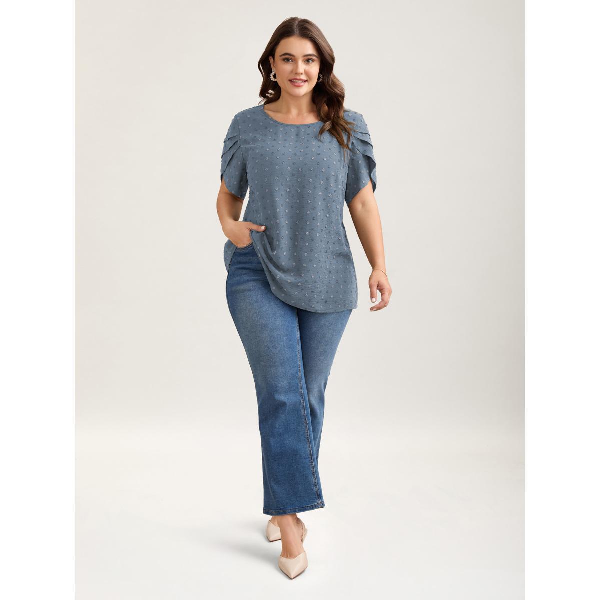 Plus Size Stone Textured Color Contrast Petal Sleeve Blouse Women Elegant Short sleeve Round Neck Everyday Blouses BloomChic 22-24/3X Product Image