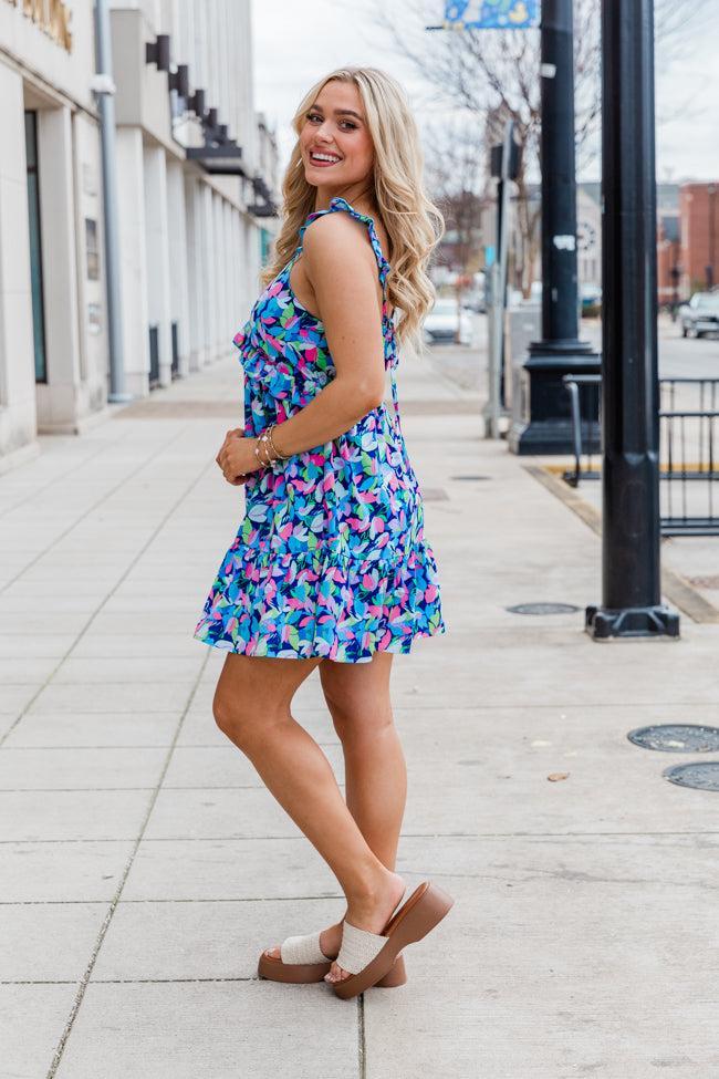 Looking My Way Navy Ruffle Detail Printed Mini Dress SALE Product Image