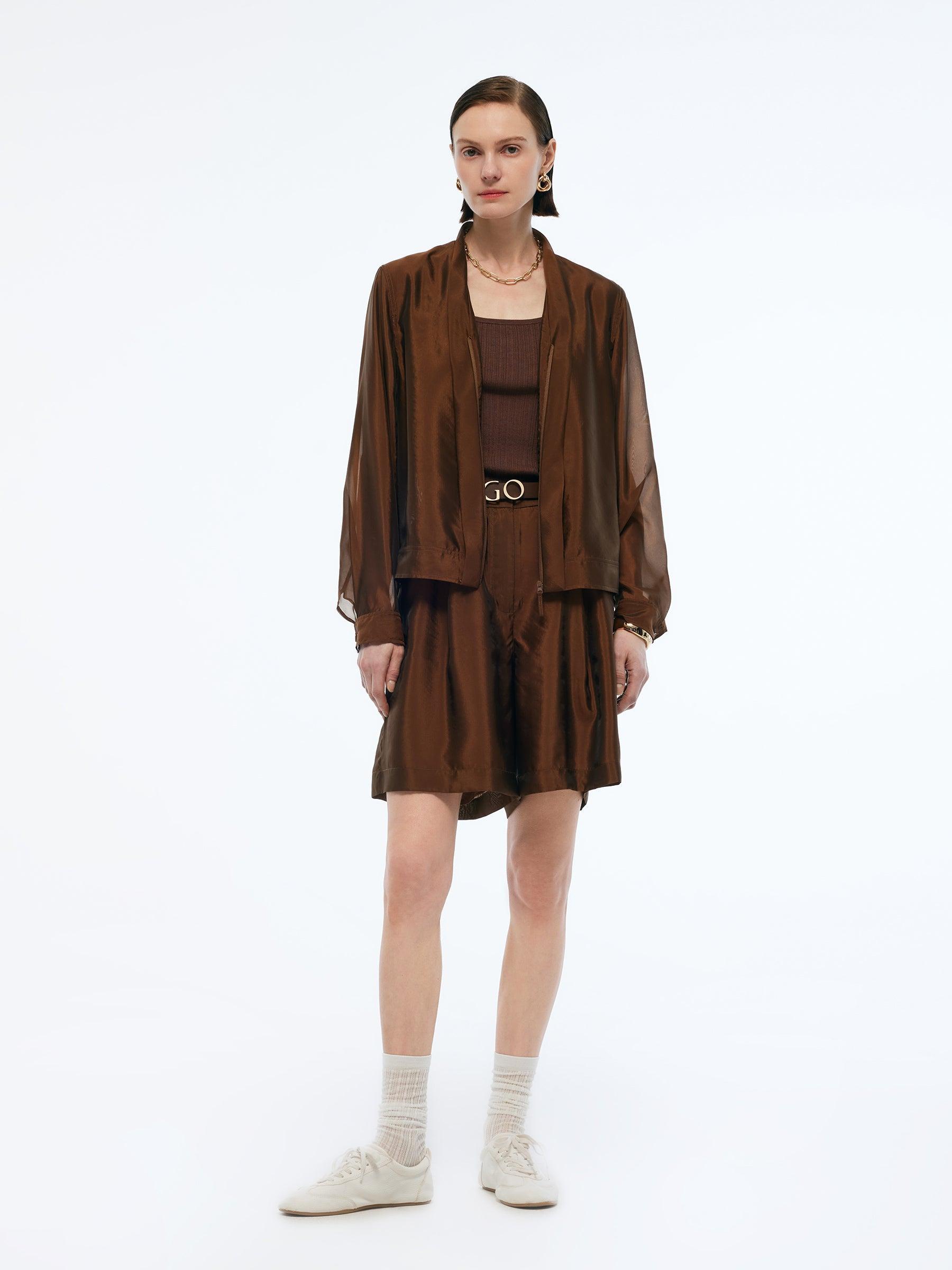 Mulberry Silk Blend Women Zip-Up Sheer Jacket Product Image