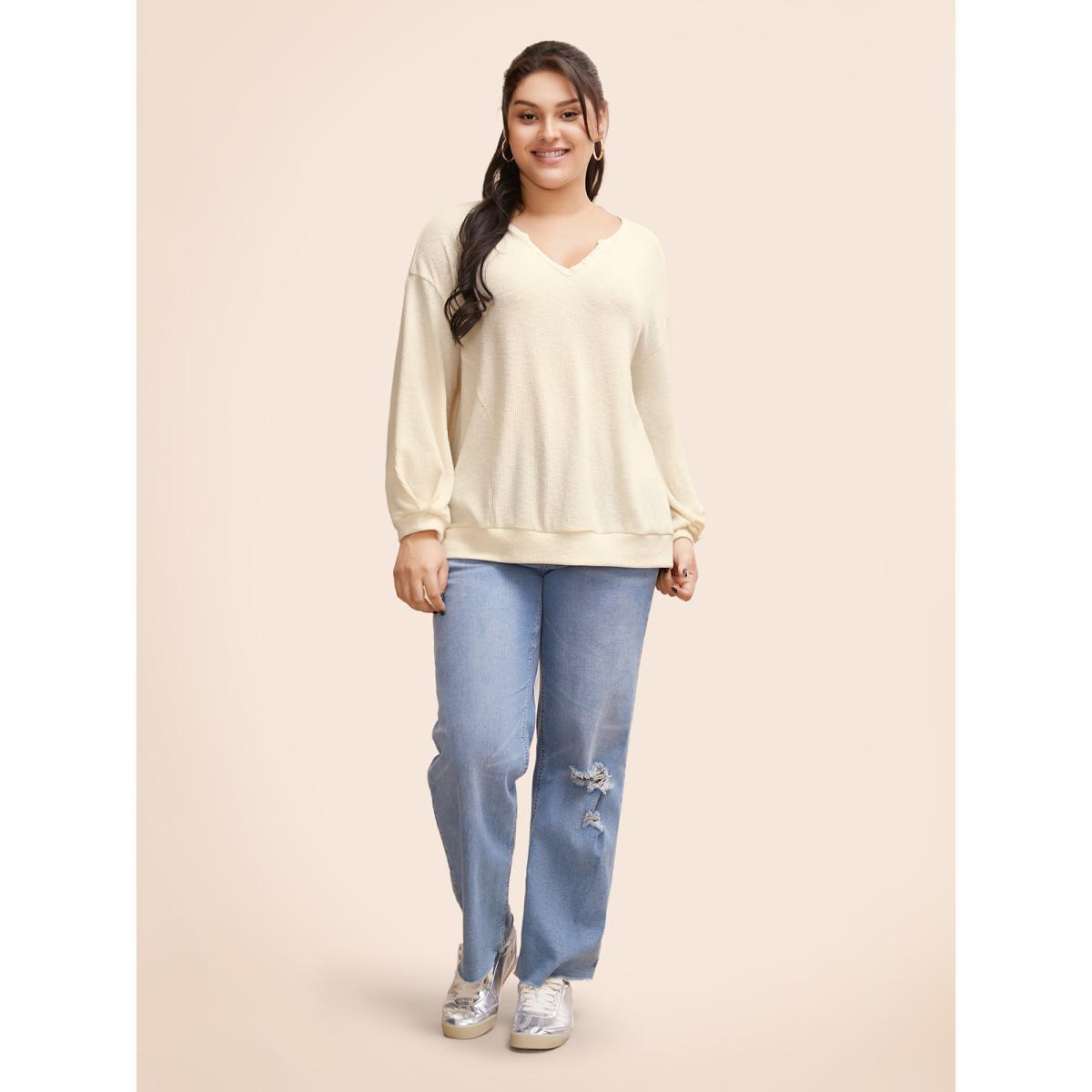 Plus Size Notched Button Detail Split Hem Sweatshirt Women Beige Casual Texture Flat collar with V-notch Everyday Sweatshirts BloomChic 22-24/3X Product Image