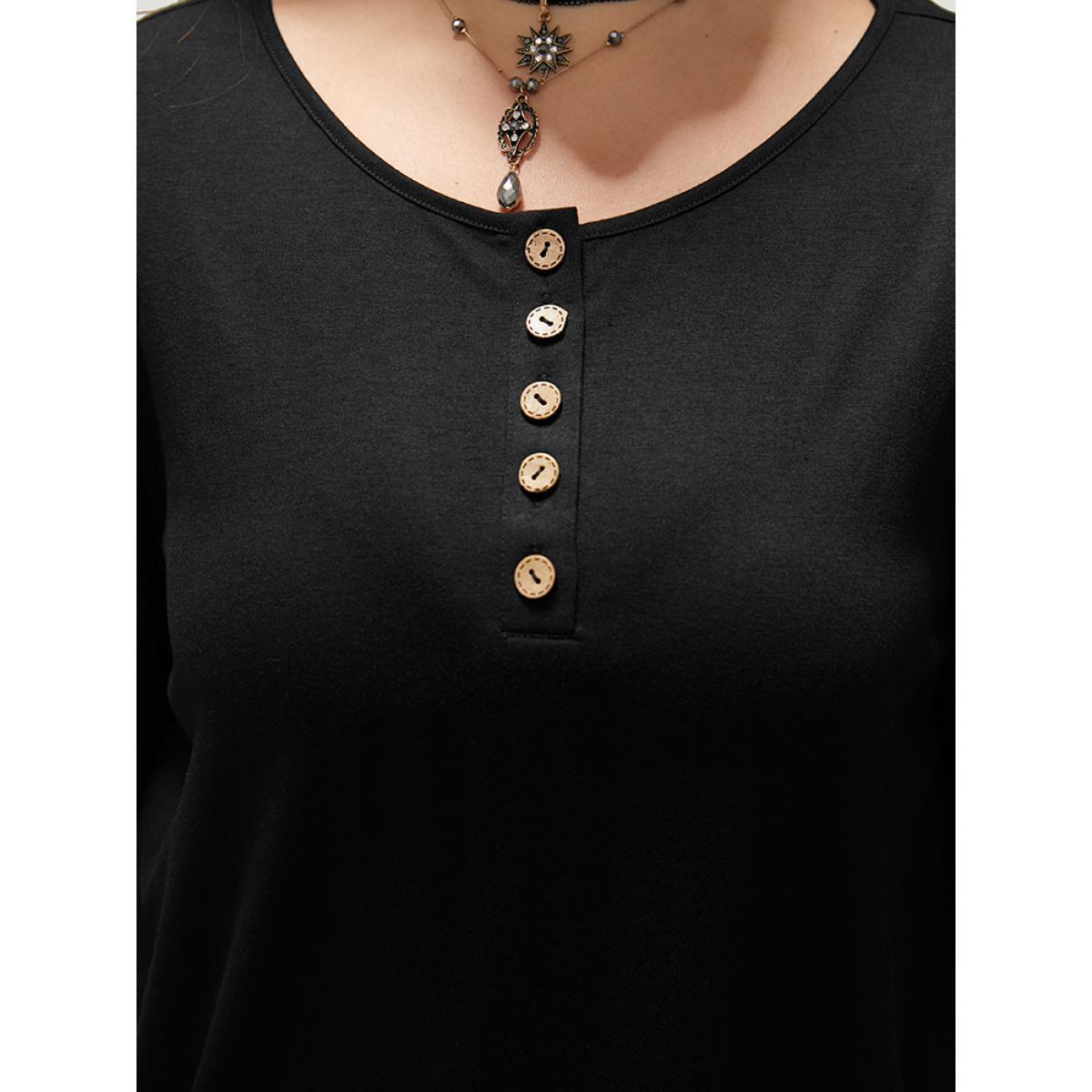 Plus Size Halloween Solid Round Neck Button Up Lace Panel T-shirt Black Women Elegant Plain Plain Open Front Everyday T-shirts BloomChic 10/M Product Image