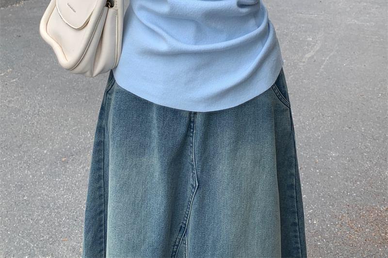 Long-Sleeve Asymmetrical Neck Plain Knit Top Product Image