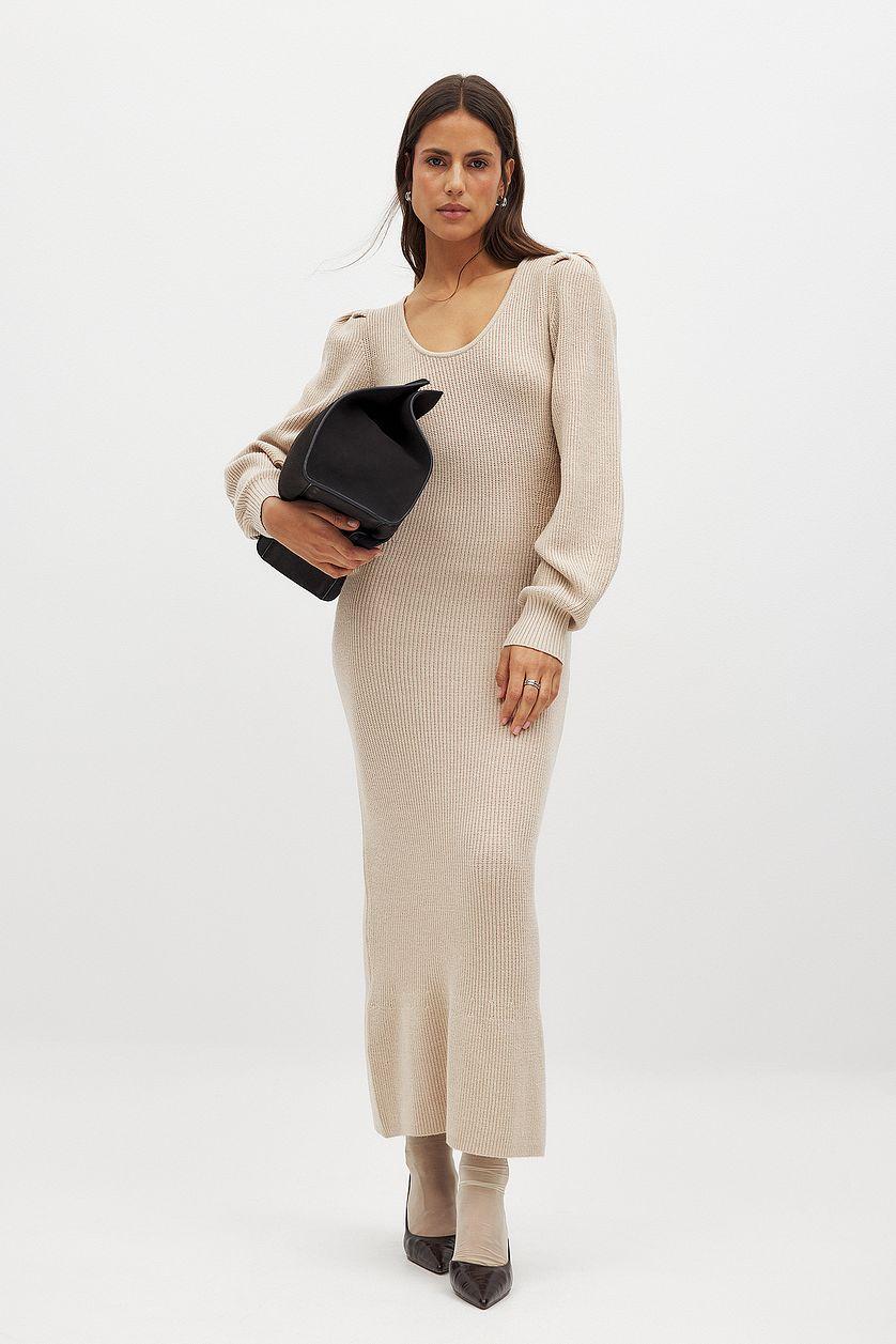 Knitted Scoop Neck Puff Sleeve Dress Product Image